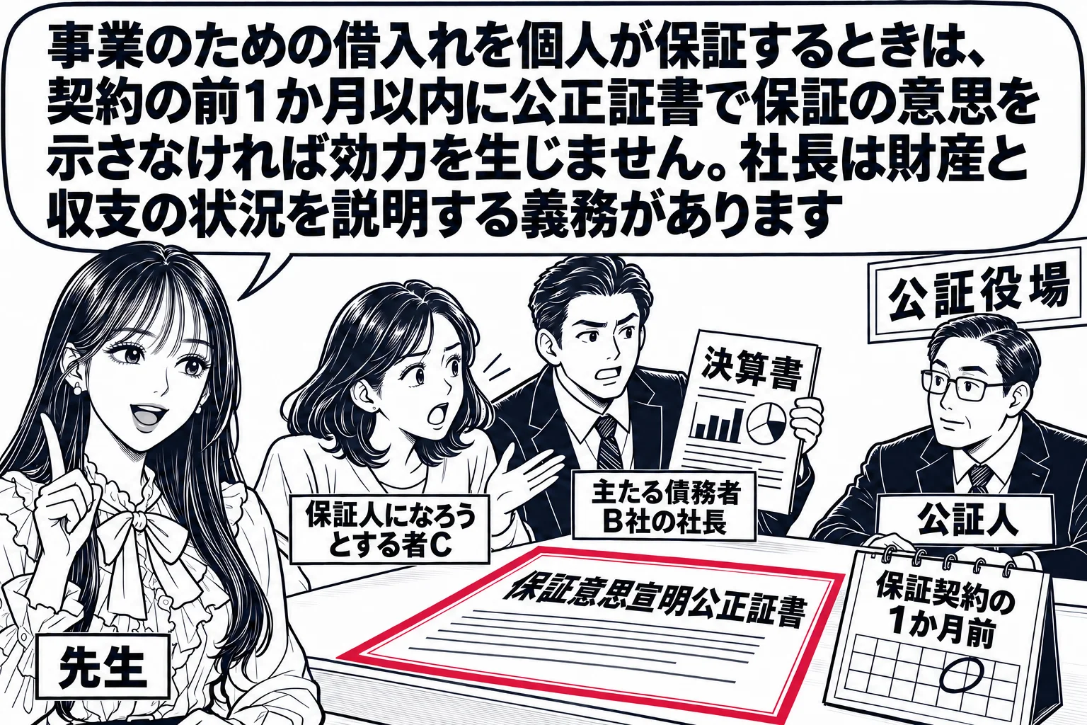 公証役場の場面。机の向こうに公証人の男性（札「公証人」）。手前に女性（札「保証人になろうとする者C」）が口で内容を述べている。机の上に「保証意思宣明公正証書」と書いた書面と、卓上カレンダーに「保証契約の1か月前」の印。後ろに男性（札「主たる