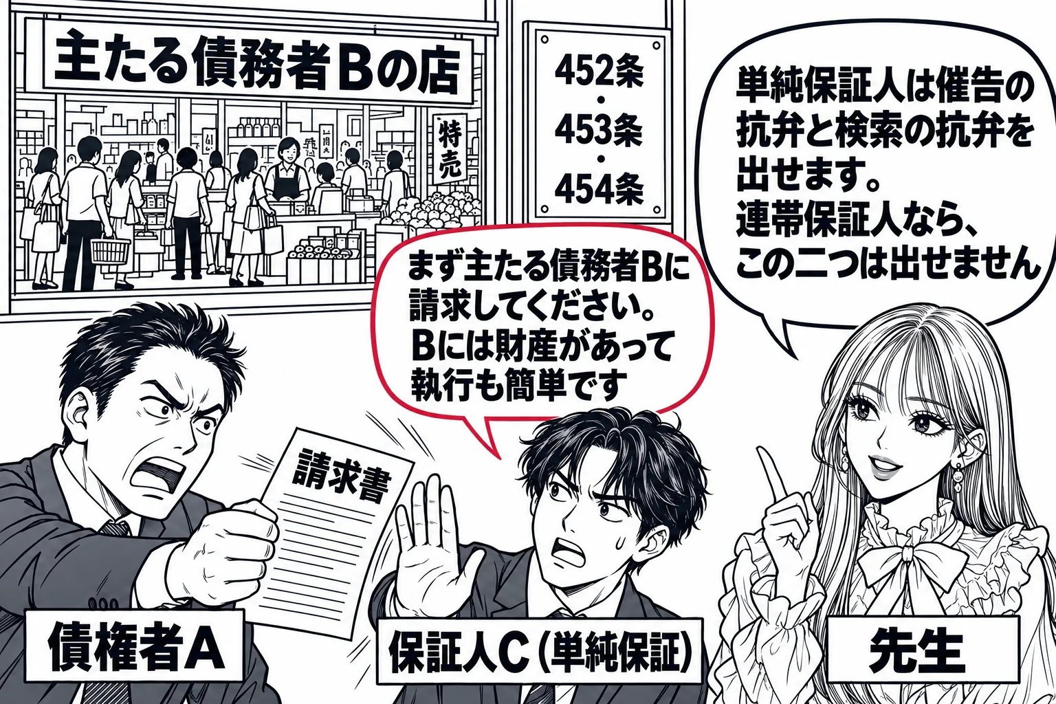 債権回収会社の応接室の場面。男性（札「債権者A」）が保証人に請求書を突き出している。男性（札「保証人C（単純保証）」）が手のひらを向けて「まず主たる債務者Bに請求してください。Bには財産があって執行も簡単です」と言っている。窓の外に「主たる