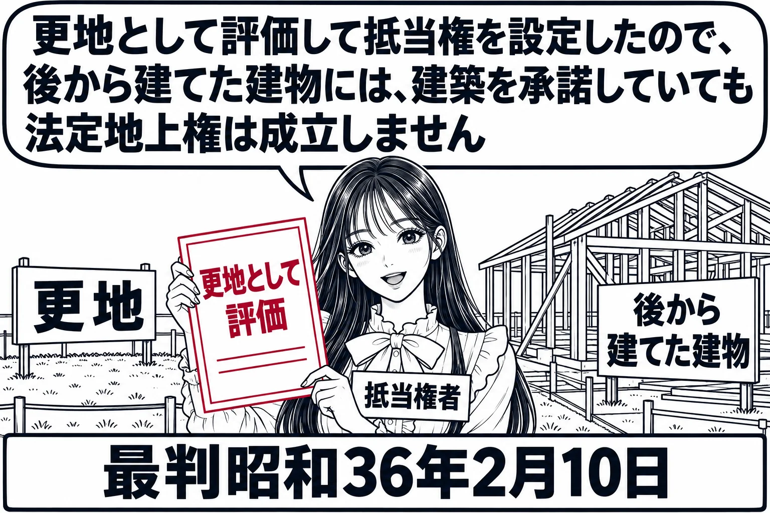 更地の前の場面。空き地に札「更地」が立ち、先生が銀行員役（札「抵当権者」）で手元の書類「更地として評価」を見せている。その後ろで工事中の家の骨組みに札「後から建てた建物」。先生の吹き出し「更地として評価して抵当権を設定したので、後から建てた