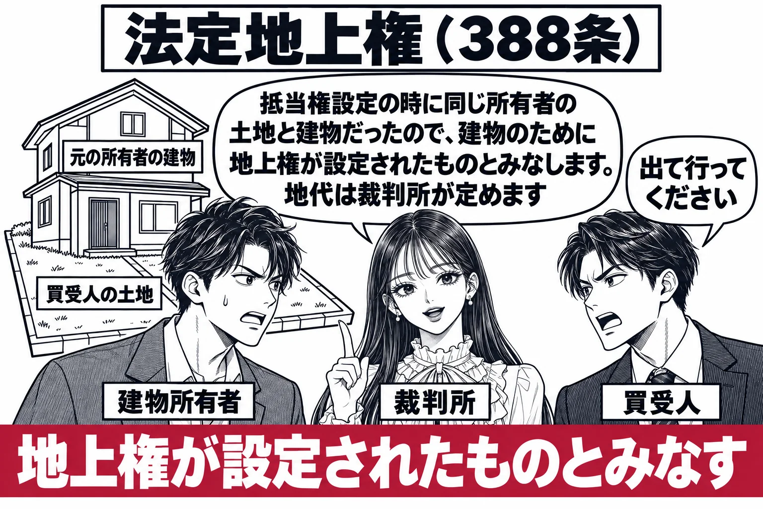 競売の終わった土地の前。土地に札「買受人の土地」、その上の家に札「元の所有者の建物」。家の前に男性（札「建物所有者」）が立ち、買受人役の男性（札「買受人」）が「出て行ってください」と言いかけている。先生が裁判官役（札「裁判所」）で両者の間に
