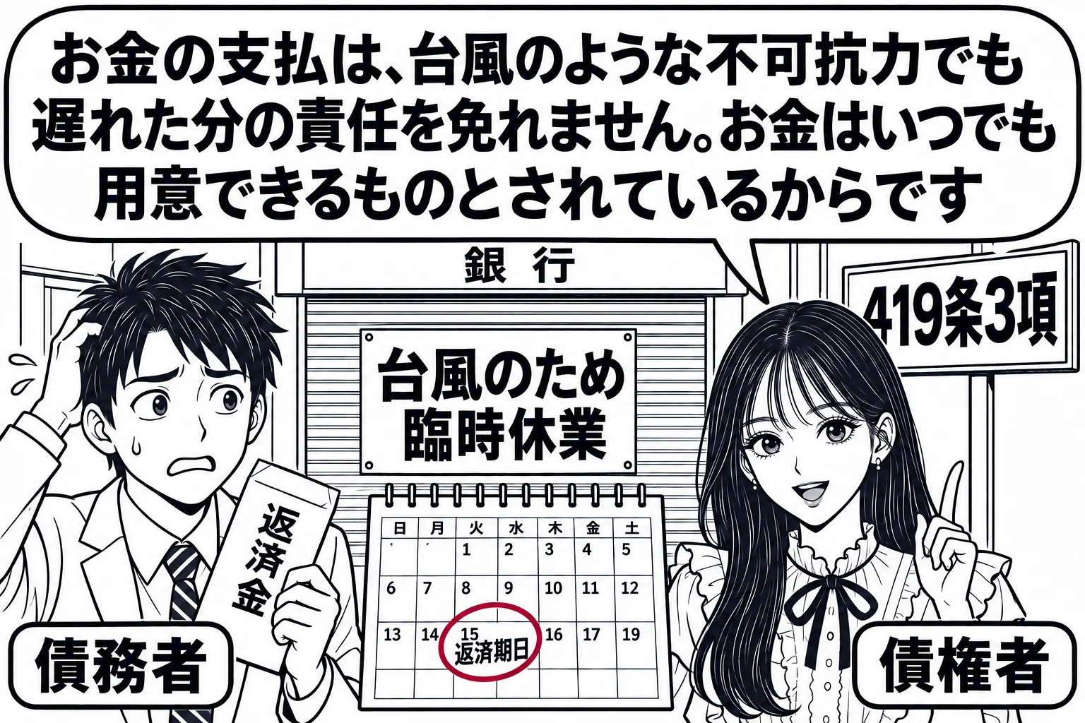 台風の翌日の銀行の前の場面。シャッターに貼り紙「台風のため臨時休業」。男性（札「債務者」）が封筒（「返済金」）を手に立ちすくんでいる。先生が貸主役（札「債権者」）で横に立ち、カレンダーの返済期日に丸印。先生の吹き出し「お金の支払は、台風のよ