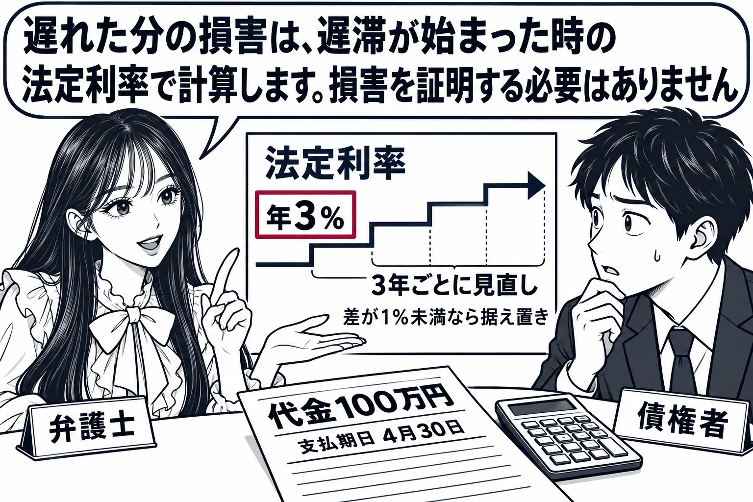 法律事務所の相談室の場面。机の上に支払期日を過ぎた請求書（「代金100万円 支払期日 4月30日」）と電卓。壁のグラフ掲示に階段状の線で「法定利率 年3％ 3年ごとに見直し」と書かれ、「差が1％未満なら据え置き」の注記。先生が弁護士役（札「