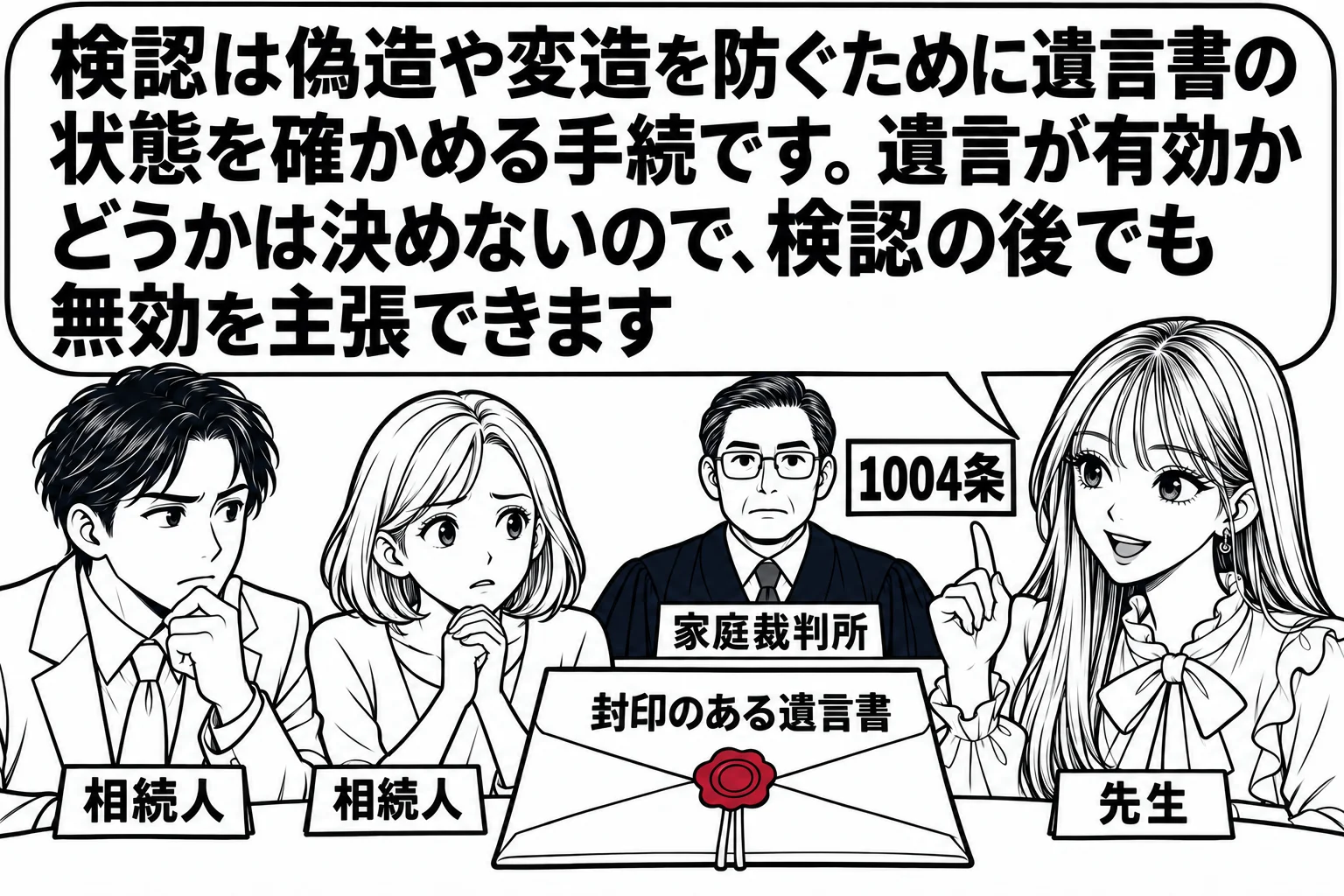 家庭裁判所の検認の場面。テーブルに封をされた遺言書（札「封印のある遺言書」）。奥に裁判官役の男性（札「家庭裁判所」）、手前に相続人の男女が並ぶ。先生が説明役（札「先生」）。先生の吹き出し「検認は偽造や変造を防ぐために遺言書の状態を確かめる手