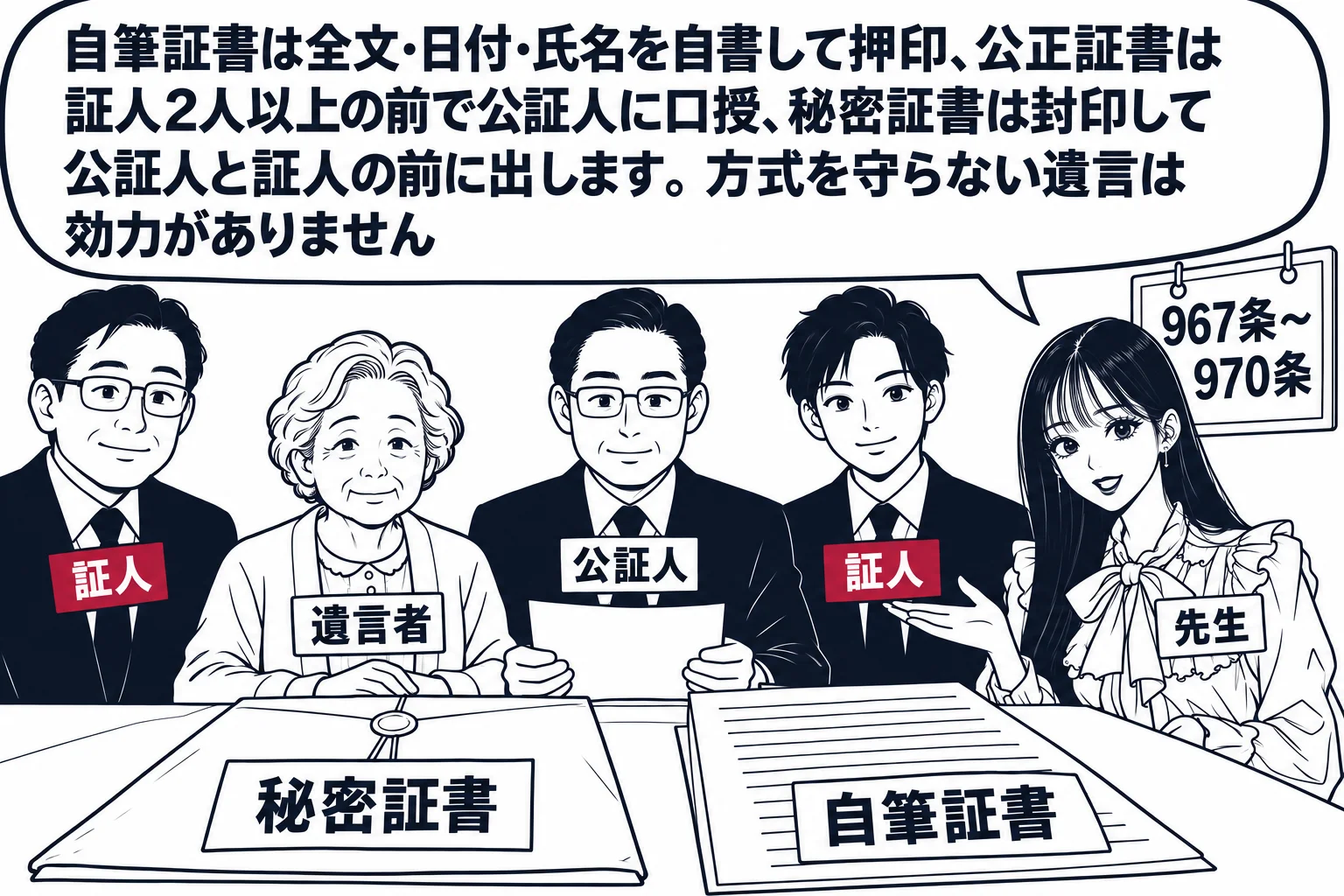 公証役場の場面。机の向こうに公証人役の男性（札「公証人」）。手前に高齢の女性（札「遺言者」）が座り、両脇に二人の男性（札「証人」「証人」）が立っている。机の端に別の封筒（札「秘密証書」）と、手書きの便箋（札「自筆証書」）が置かれている。先生