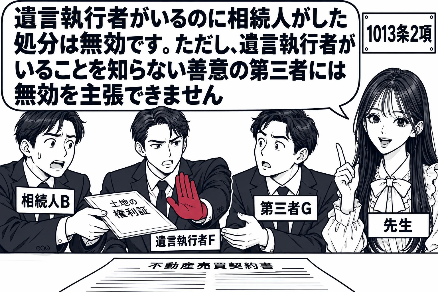 不動産の売買契約の席の場面。テーブルで相続人役の男性（札「相続人B」）が買主役の男性（札「第三者G」）に土地の権利証を渡そうとしている。その横からスーツの男性（札「遺言執行者F」）が手を伸ばして止めている。先生が説明役（札「先生」）。先生の