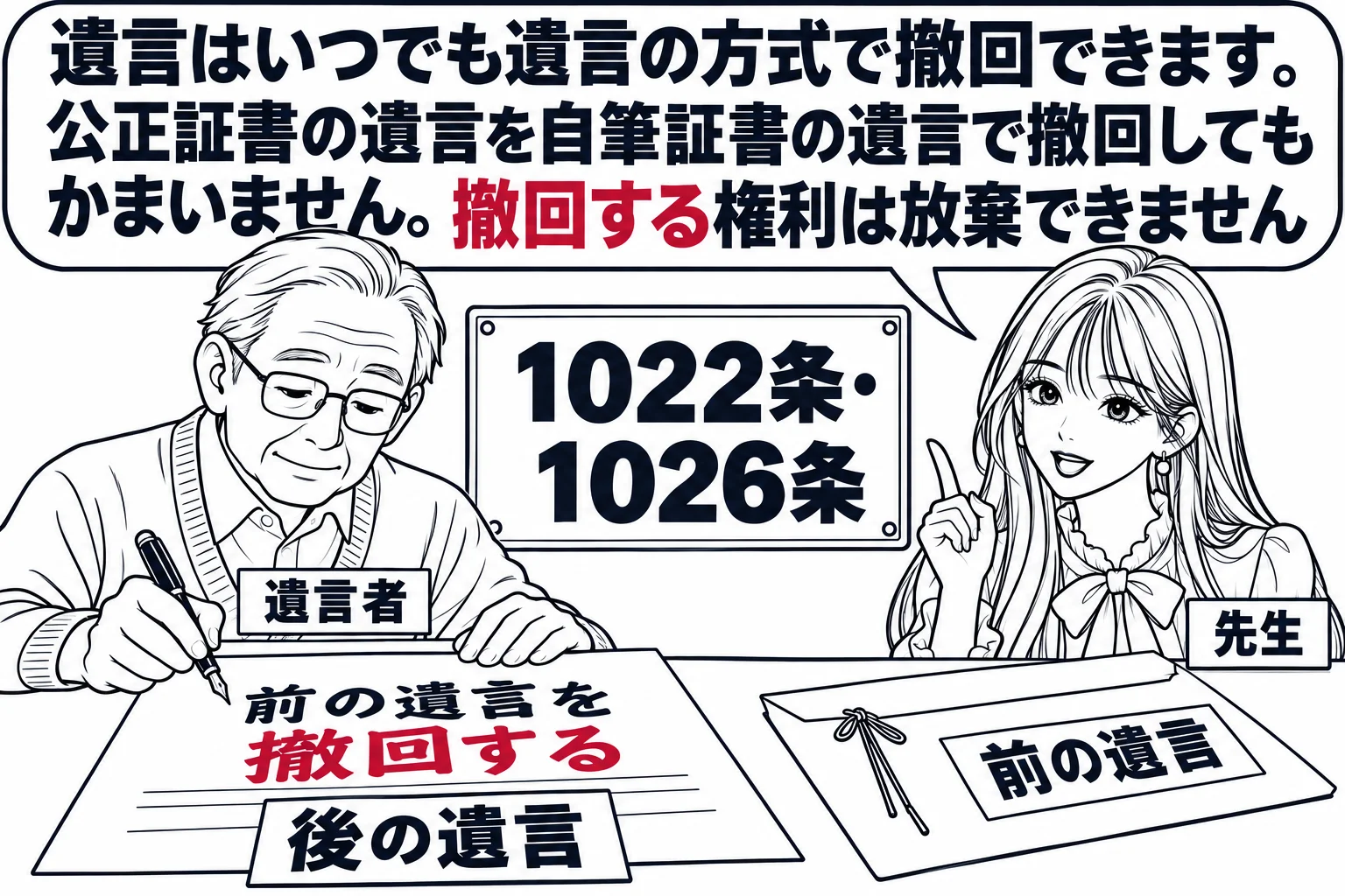 遺言者の書斎の場面。机の上に古い封筒（札「前の遺言」）と新しい便箋（札「後の遺言」）。高齢の男性（札「遺言者」）がペンを持ち、新しい便箋に「前の遺言を撤回する」と書いている。先生が説明役（札「先生」）。先生の吹き出し「遺言はいつでも遺言の方