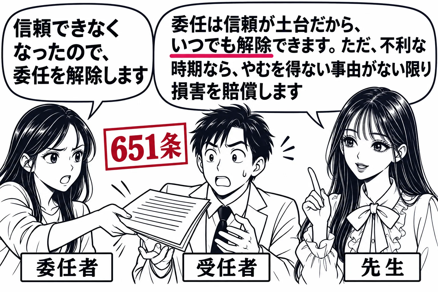 法律事務所の応接室の場面。女性（札「委任者」）が書類を返しながら「信頼できなくなったので、委任を解除します」と言い、男性（札「受任者」）が驚いている。先生が解説役（札「先生」）で横に立ち、吹き出し「委任は信頼が土台だから、いつでも解除できま