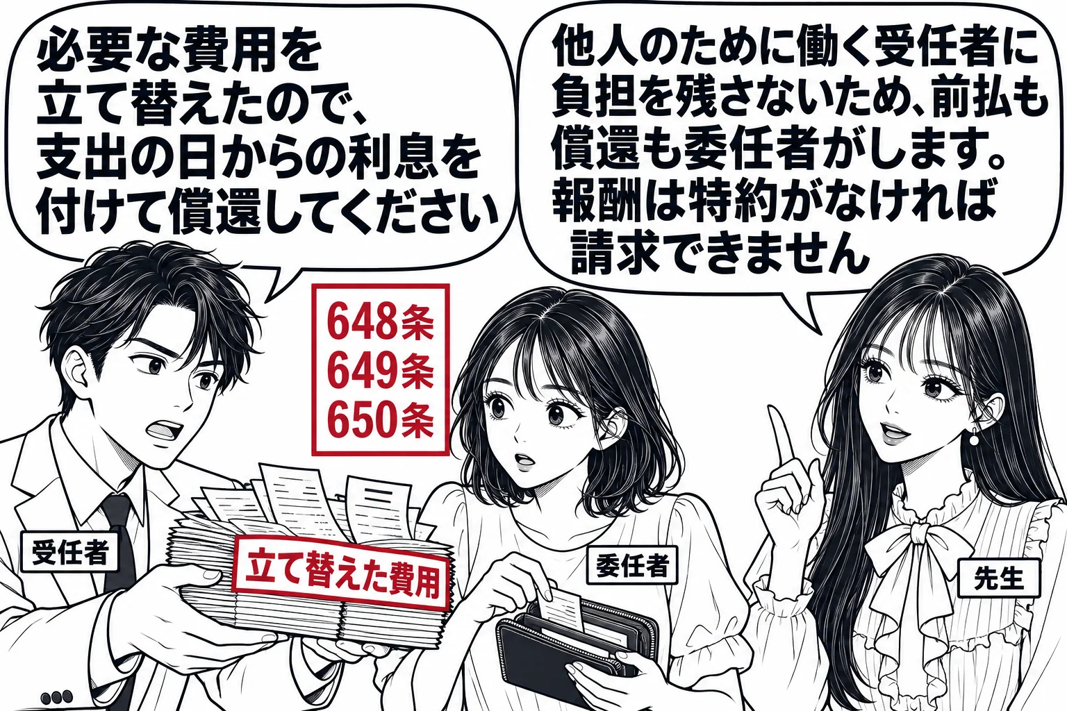 法律事務所の応接室の場面。男性（札「受任者」）が領収書の束（札「立て替えた費用」）を差し出し、女性（札「委任者」）が財布を開いている。男性の吹き出し「必要な費用を立て替えたので、支出の日からの利息を付けて償還してください」。先生が解説役（札