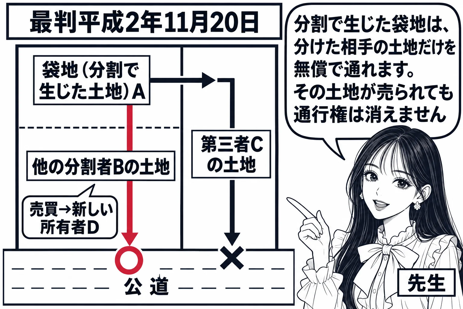 上空から見た板書の図解。もとは一つだった土地が点線で二つに分けられ、奥の土地（札「袋地（分割で生じた土地）A」）と手前の公道に面した土地（札「他の分割者Bの土地」）になっている。奥の土地の横には第三者の土地（札「第三者Cの土地」）があり、C