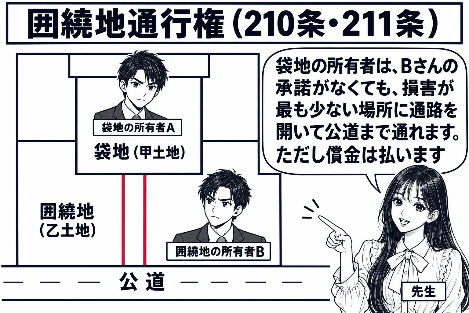 上空から見た宅地の板書の図解。中央に四方を他人の土地に囲まれた土地（札「袋地（甲土地）」）があり、下側の土地（札「囲繞地（乙土地）」）を縦に細い通路が通って公道につながっている。袋地の上に男性（札「袋地の所有者A」）、通路の脇に男性（札「囲