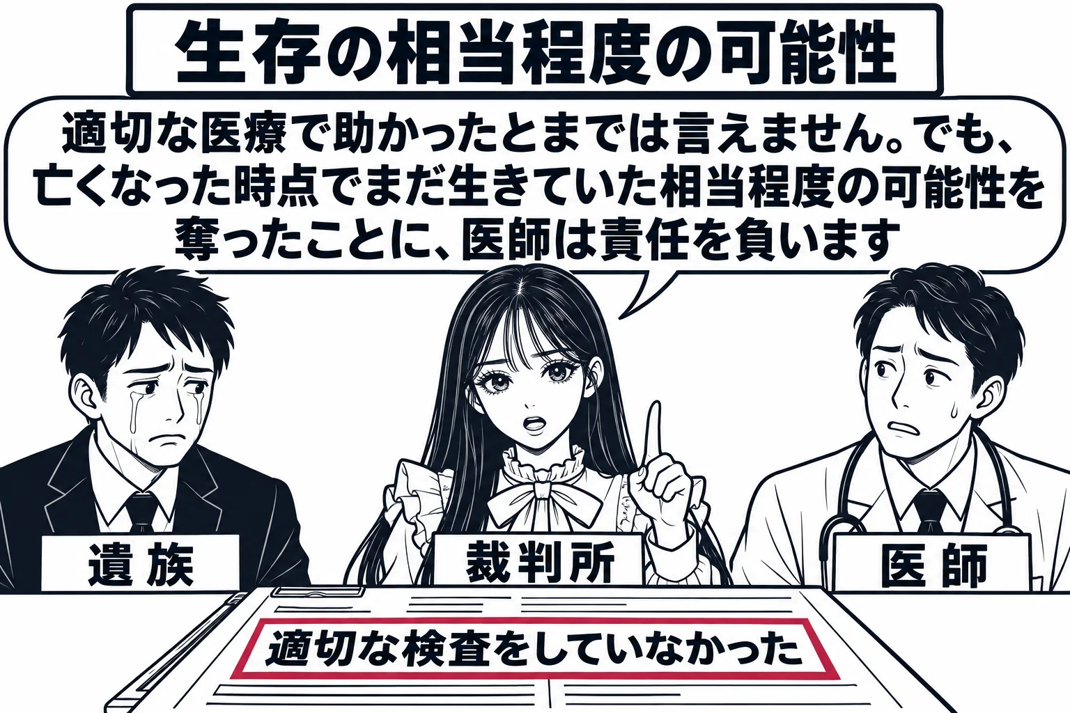 病院の診察室の場面。机の上にカルテ（「適切な検査をしていなかった」）。先生が裁判官役（札「裁判所」）で、遺族の男性（札「遺族」）と白衣の医師（札「医師」）の間に立っている。先生の吹き出し「適切な医療で助かったとまでは言えません。でも、亡くな
