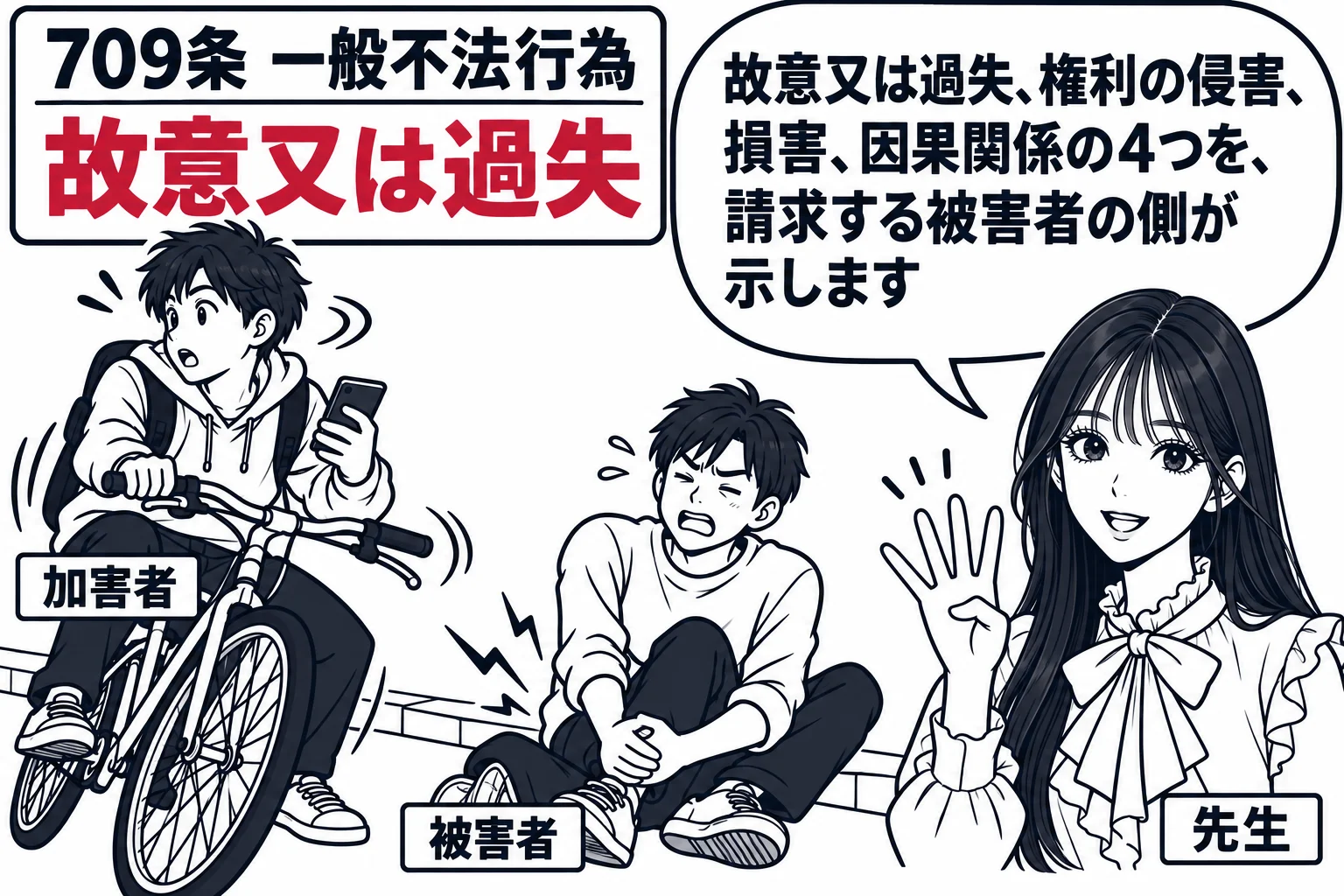 歩道の場面。自転車（札「加害者」）がよそ見をして歩行者に衝突した直後で、歩行者（札「被害者」）が足を押さえて座り込んでいる。先生が被害者の横に立ち、指を4本立てている。先生の吹き出し「故意又は過失、権利の侵害、損害、因果関係の4つを、請求す