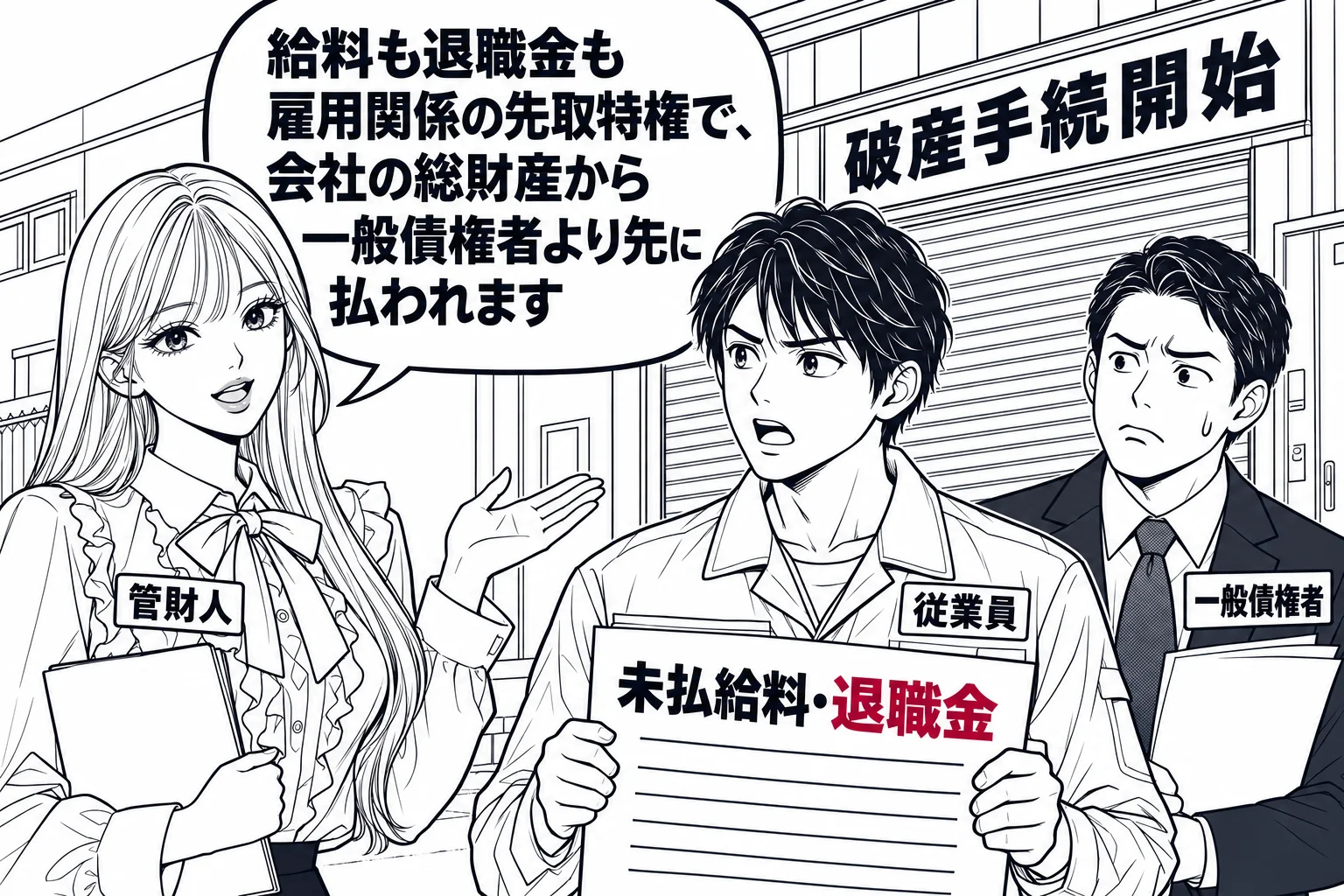 倒産した町工場の前の場面。シャッターに「破産手続開始」の貼り紙。作業着の男性（札「従業員」）が「未払給料・退職金」の明細を持って立ち、背広の男性（札「一般債権者」）が後ろに並んでいる。先生が破産管財人役（札「管財人」）で工場の入口に立つ。先