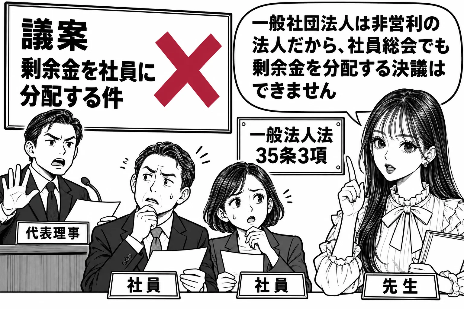 一般社団法人の社員総会の会場。演台に男性（札「代表理事」）が立ち、議案の掲示「議案 剰余金を社員に分配する件」。会場の社員たち（札「社員」）がざわついている。横に先生が教師役（札「先生」）で立ち、吹き出し「一般社団法人は非営利の法人だから、