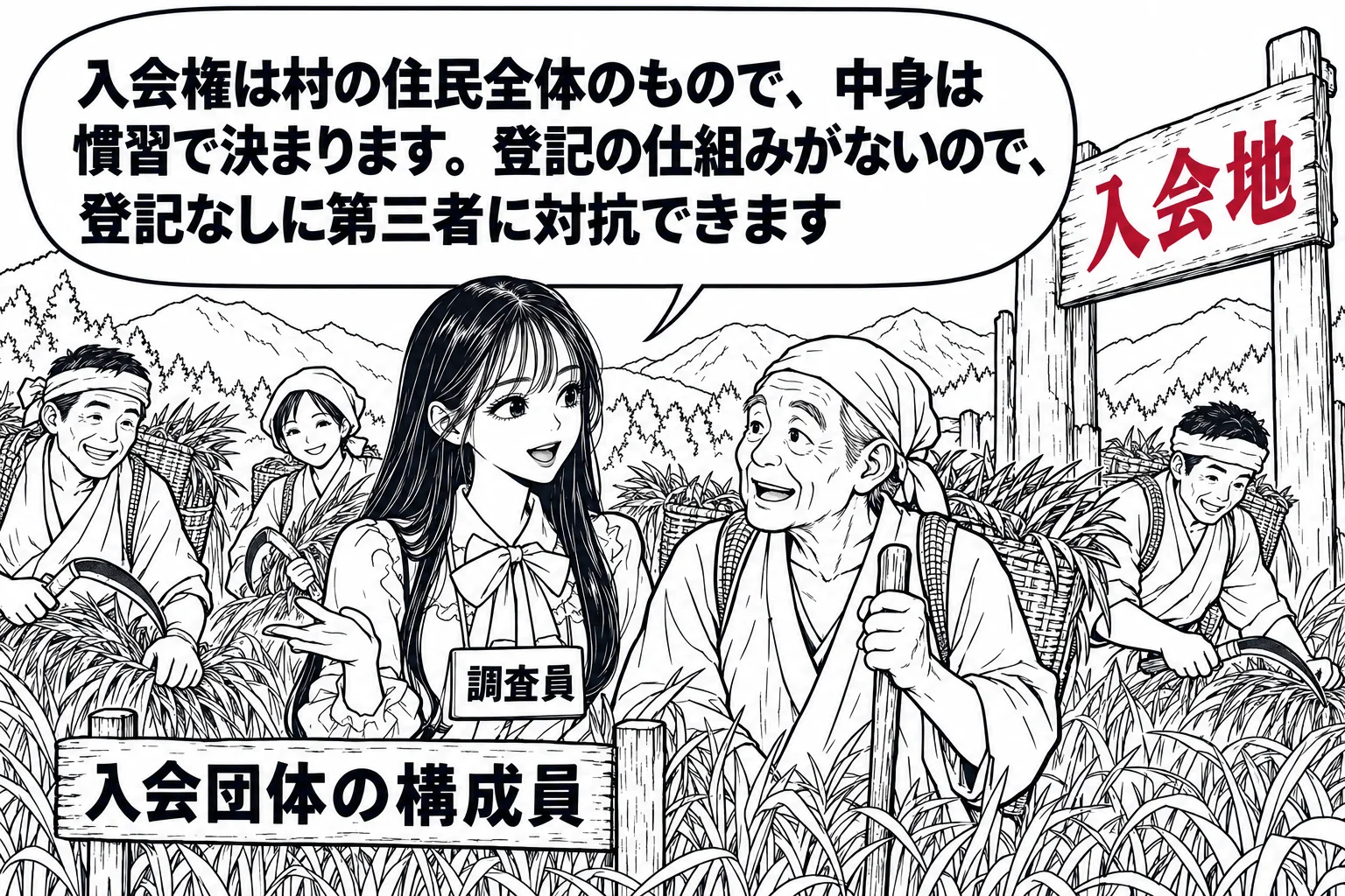 山あいの村の裏山の入口の場面。村の人たち数人（札「入会団体の構成員」）が背負いかごを持ち、山に入って草を刈っている。山の入口に立て札「入会地」。先生が村の古老に話を聞く調査員役（札「調査員」）で入口に立つ。先生の吹き出し「入会権は村の住民全