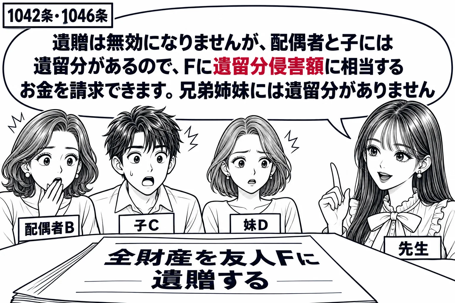 遺言書の開封の場面。座卓の上に「全財産を友人Fに遺贈する」と書かれた遺言書。遺言書の前で妻（札「配偶者B」）と子（札「子C」）が驚いた顔をしている。少し離れて被相続人の妹（札「妹D」）。先生が説明役（札「先生」）。先生の吹き出し「遺贈は無効
