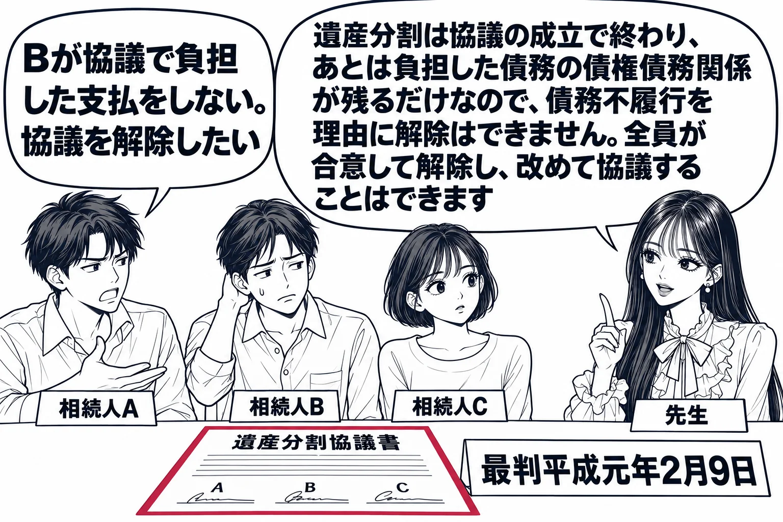 遺産分割協議の座卓の場面の続き。協議書に署名済みの相続人A・B・Cが座り、Aが「Bが協議で負担した支払をしない。協議を解除したい」と言っている。先生が説明役（札「先生」）。先生の吹き出し「遺産分割は協議の成立で終わり、あとは負担した債務の債