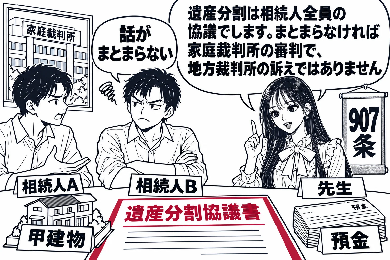 遺産分割協議の座卓の場面。座卓の上に「遺産分割協議書」と「甲建物」「預金」の札。長男（札「相続人A」）と次男（札「相続人B」）が向かい合って座り、Bが「話がまとまらない」と腕を組んでいる。窓の外に「家庭裁判所」の建物が見える。先生が説明役（