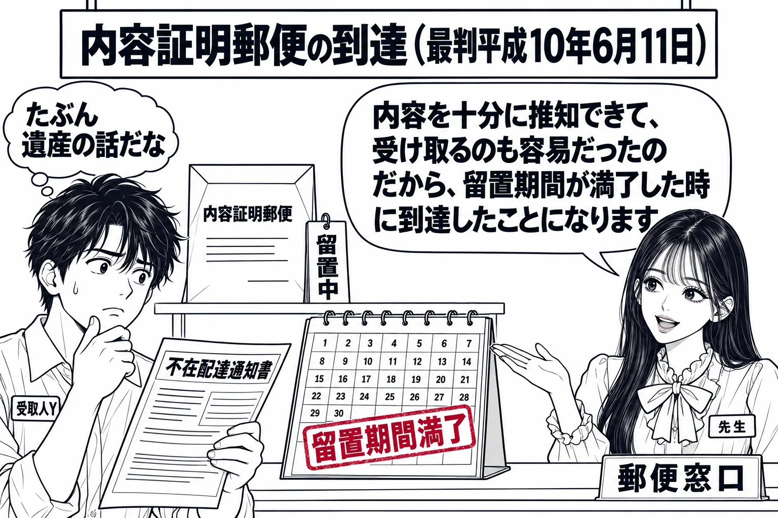 郵便局の窓口の場面。棚に「留置中」の札を付けた内容証明郵便が置かれ、カレンダーに「留置期間満了」の印。窓口の前に男性（札「受取人Y」）が不在配達通知書を手に持ち、心の中の吹き出し「たぶん遺産の話だな」。先生が郵便局員役（札「先生」）で窓口の