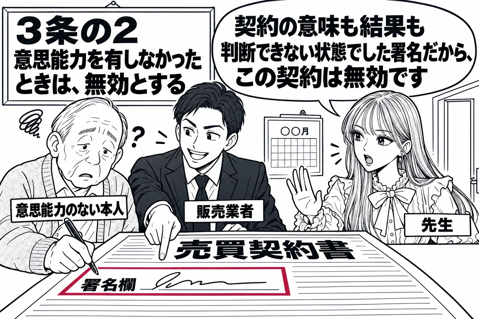 自宅の居間の場面。ぼんやりした表情の高齢の男性（札「意思能力のない本人」）が、スーツの男性（札「販売業者」）に促されて契約書に署名している。契約書の見出しは「売買契約書」。部屋の入口から先生が弁護士役（札「先生」）で入ってきて、吹き出し「契
