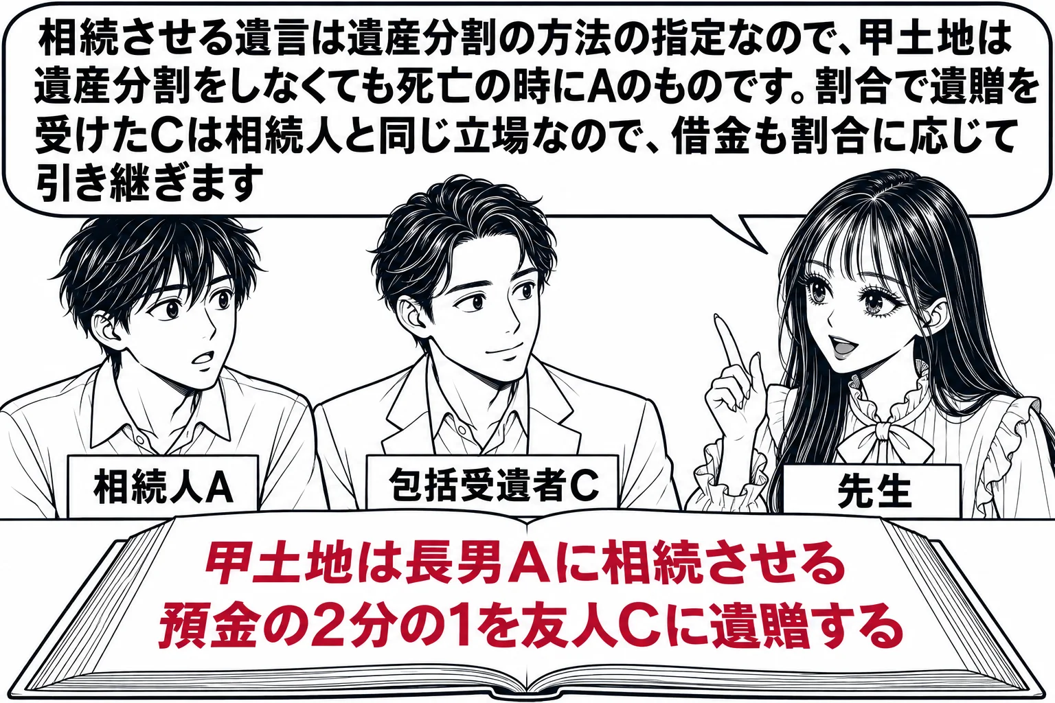 遺言書の開封の場面。座卓の上に開かれた遺言書があり、「甲土地は長男Aに相続させる」「預金の2分の1を友人Cに遺贈する」と二行書かれている。長男（札「相続人A」）と、友人（札「包括受遺者C」）が並んで座っている。先生が説明役（札「先生」）。先