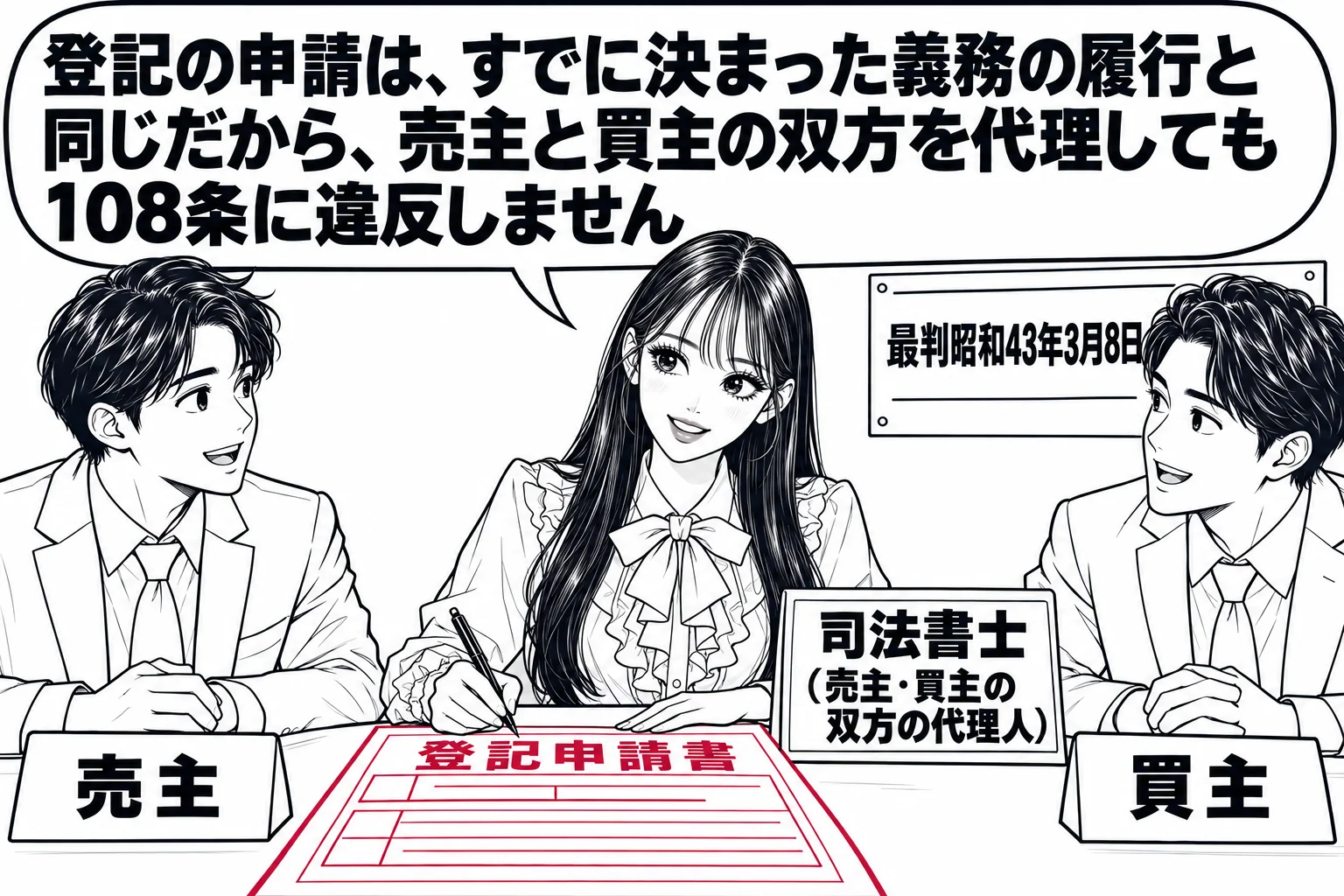 司法書士事務所の窓口。先生が司法書士役（札「司法書士（売主・買主の双方の代理人）」）で机に向かい、登記申請書に記入している。机の前に売主の男性（札「売主」）と買主の男性（札「買主」）が並んで座っている。先生の吹き出し「登記の申請は、すでに決