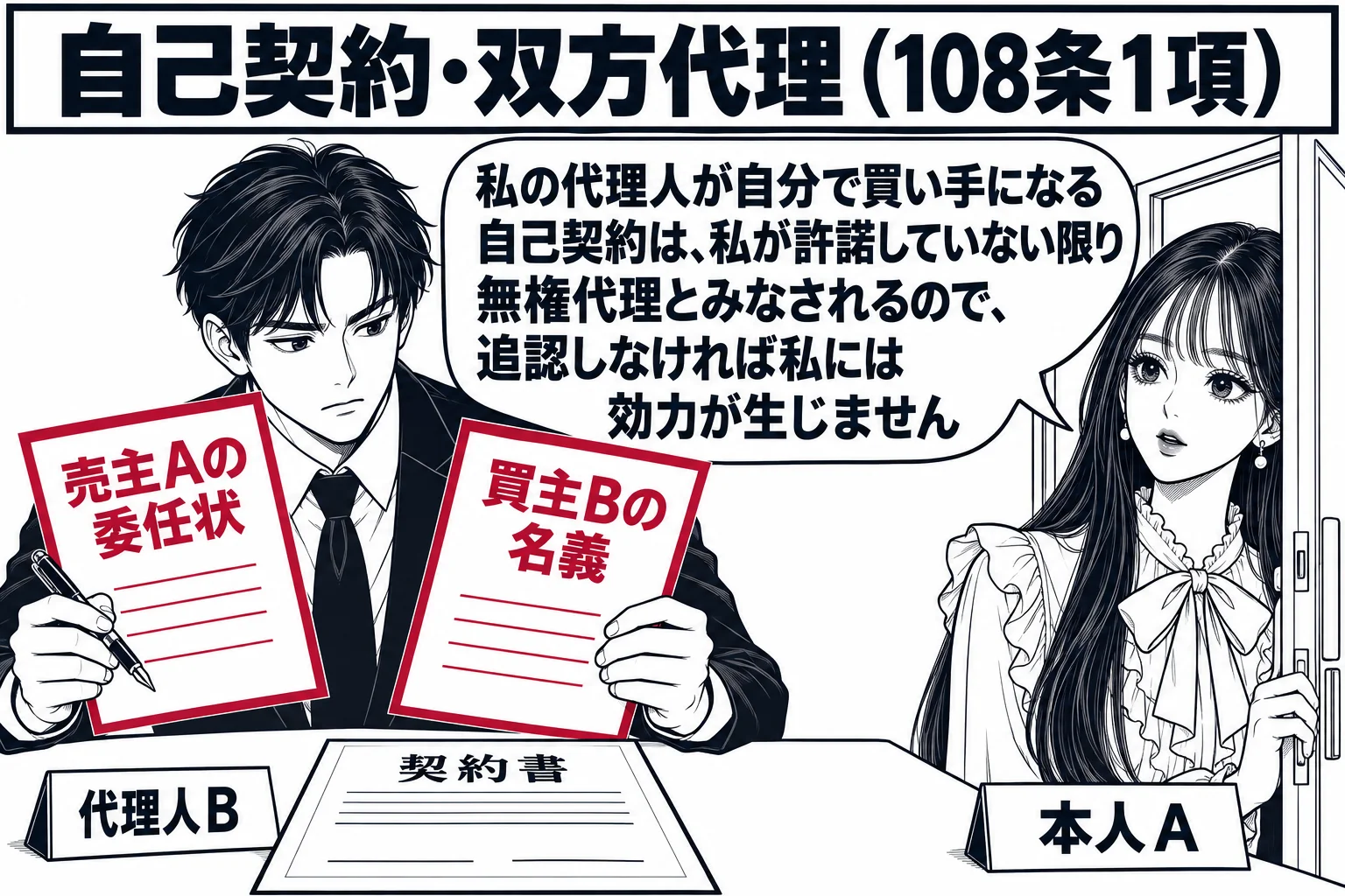 不動産の売買契約の席。テーブルの片側に男性（札「代理人B」）が一人で座り、両手にそれぞれ「売主Aの委任状」「買主Bの名義」と書かれた書類を持って、自分一人で契約書に署名しようとしている。先生が本人役（札「本人A」）でドアを開けて入ってくる。