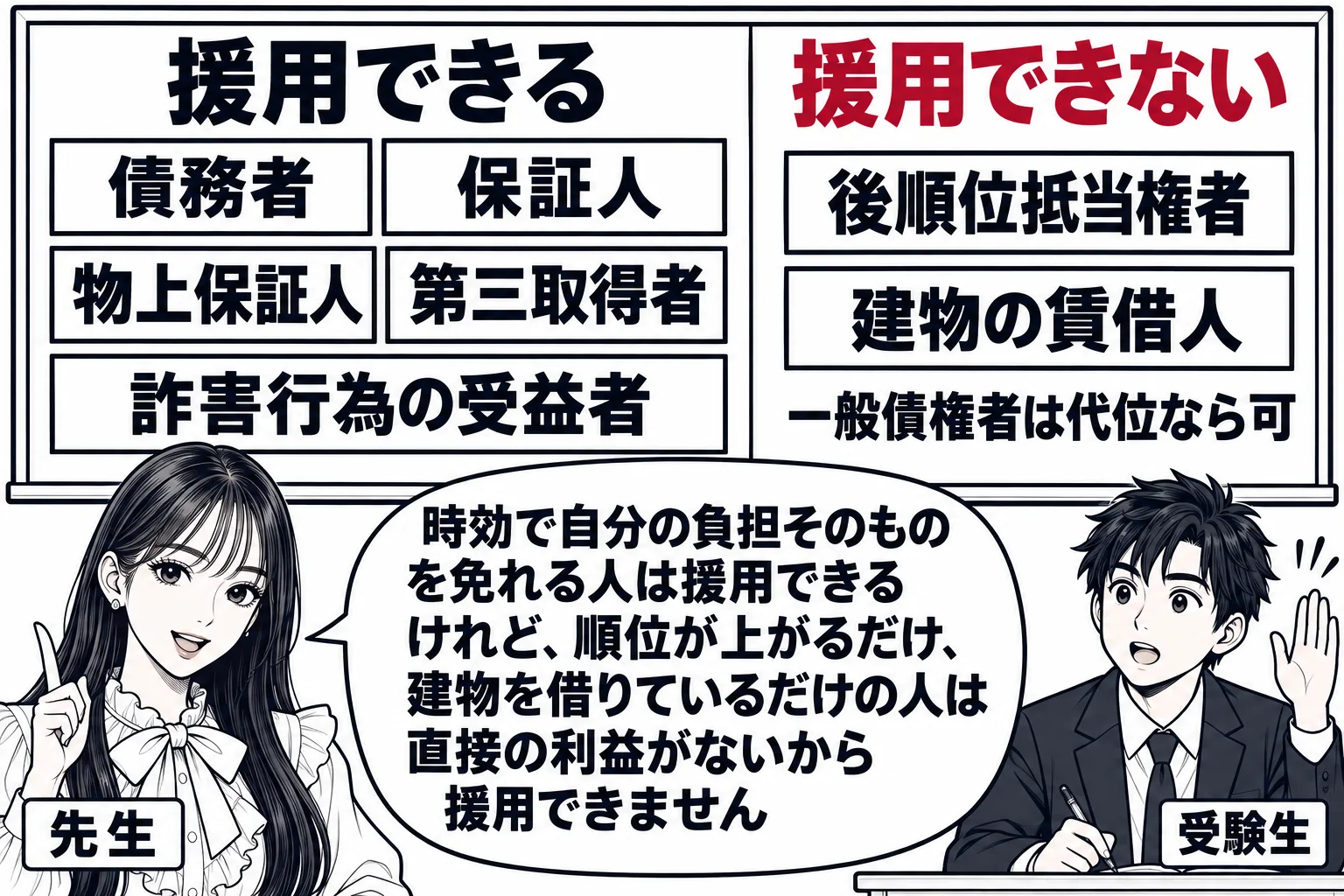 教室の場面。先生が教師役（札「先生」）で黒板の前に立つ。黒板が左右に区切られ、左の見出しは「援用できる」で、下に「債務者」「保証人」「物上保証人」「第三取得者」「詐害行為の受益者」の札が並ぶ。右の見出しは「援用できない」で、下に「後順位抵当