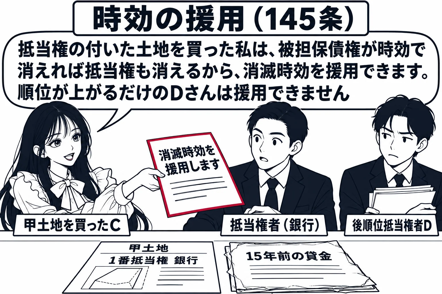 銀行の窓口の場面。カウンターの上に土地の登記事項証明書（「甲土地 1番抵当権 銀行」）と、古い借用書（「15年前の貸金」）。先生が第三取得者役（札「甲土地を買ったC」）でカウンターの前に立ち、書面（「消滅時効を援用します」）を差し出している