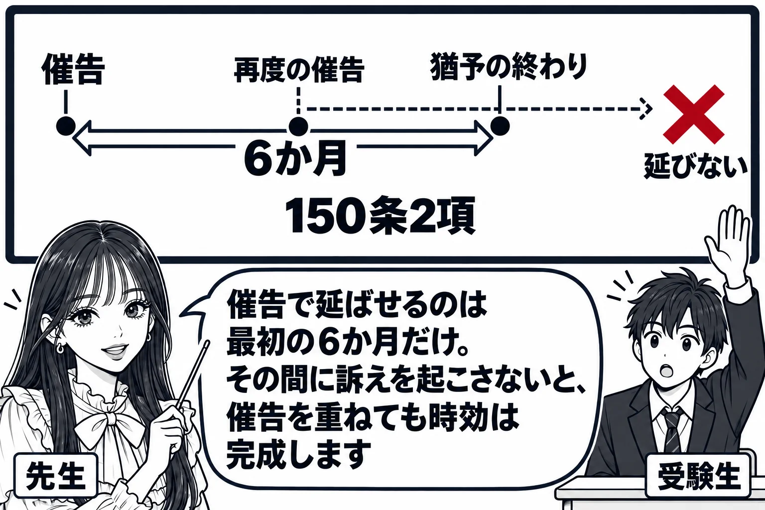 教室の場面。先生が教師役（札「先生」）で黒板の前に立つ。黒板に横向きの時間軸があり、左から点「催告」、その6か月後に点「猶予の終わり」があり、催告から猶予の終わりまでの区間が帯で示されている。区間の途中に点「再度の催告」があり、そこから先へ