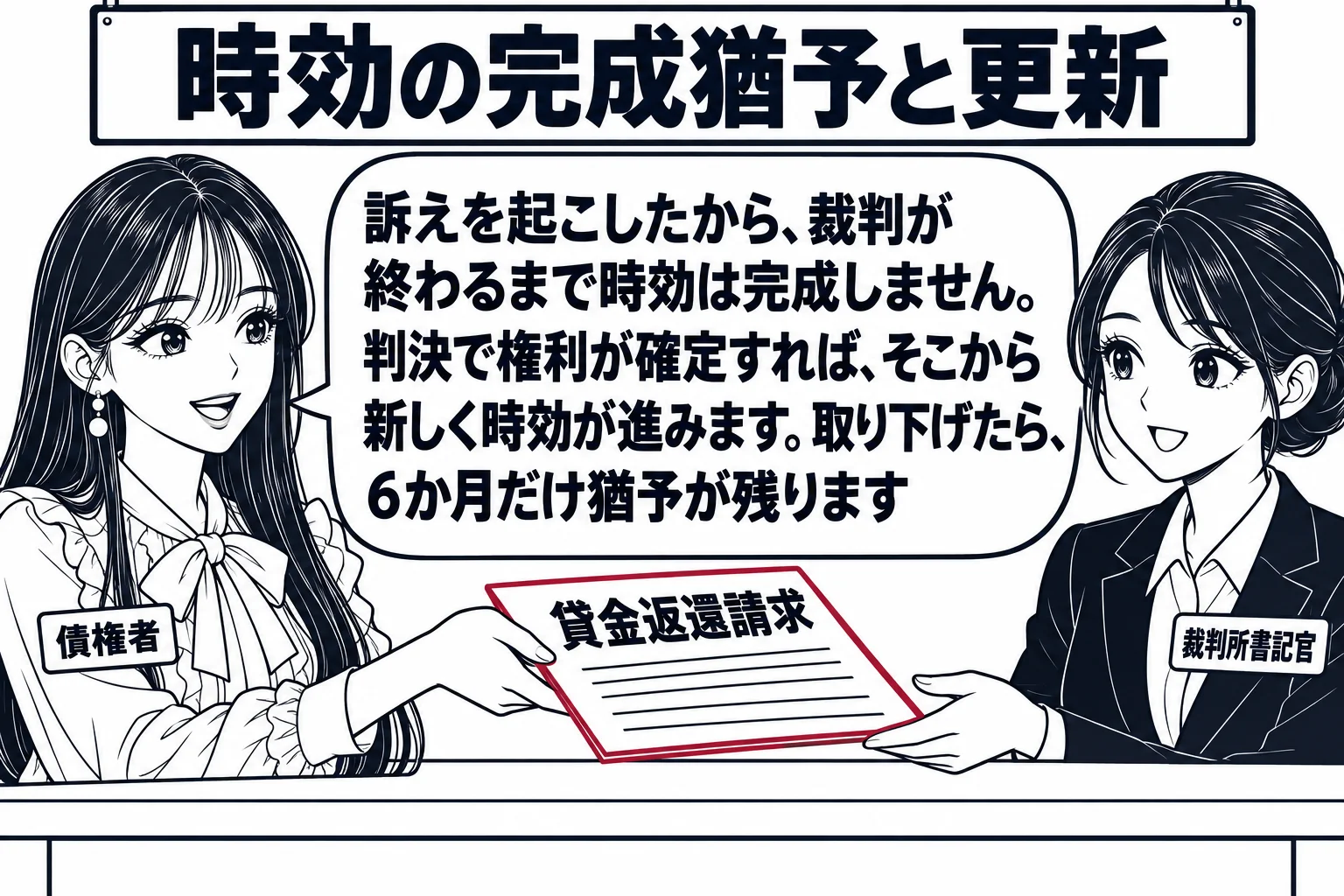 裁判所の受付窓口の場面。カウンターに訴状（「貸金返還請求」）が置かれている。先生が債権者役（札「債権者」）で訴状を差し出している。窓口の内側に職員（札「裁判所書記官」）。壁に掲示「時効の完成猶予と更新」。先生の吹き出し「訴えを起こしたから、