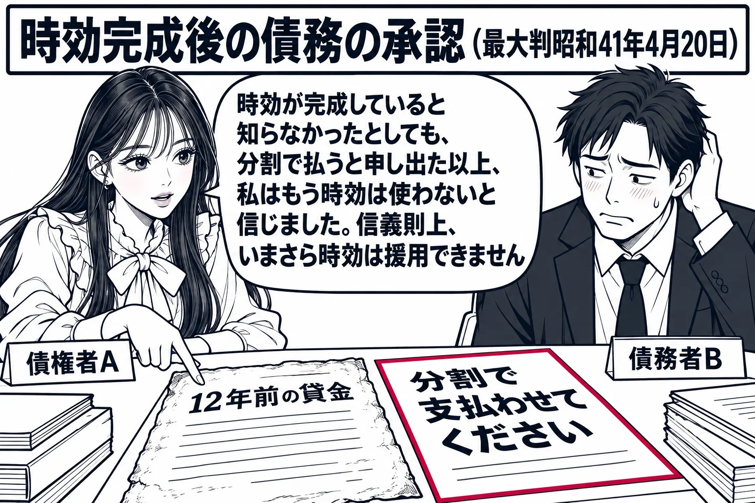 小さな事務所の応接机の場面。机の上に古い借用書（「12年前の貸金」）と、債務者が書いた書面（「分割で支払わせてください」）。男性（札「債務者B」）がばつの悪そうな顔で座っている。向かいに先生が債権者役（札「債権者A」）で座り、書面を指さして