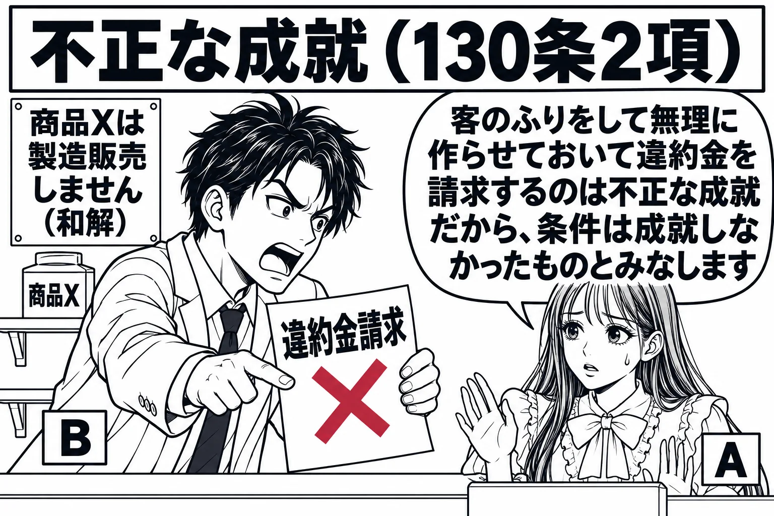 小さな工房の店先の場面。棚の上に商品（札「商品X」）が一つだけ置かれ、壁に貼り紙「商品Xは製造販売しません（和解）」。客を装った男性（札「B」）がカウンターに身を乗り出してしつこく注文している。カウンターの内側で先生が店主役（札「A」）で困