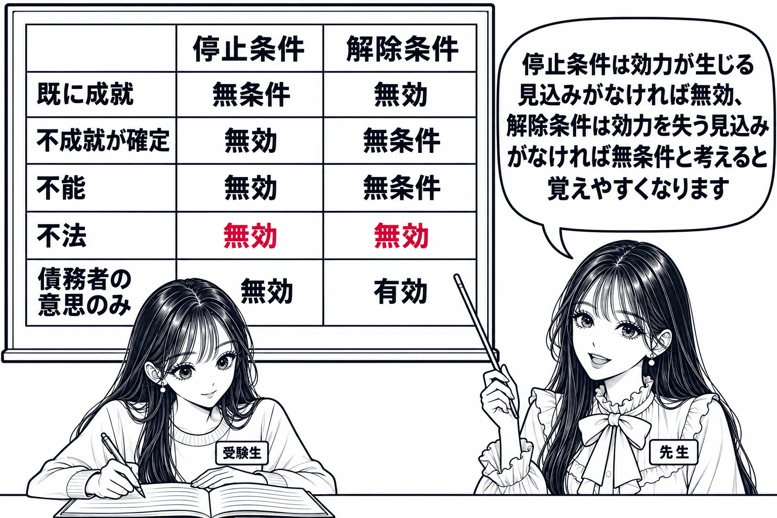 教室の場面。先生が教師役（札「先生」）で黒板の前に立つ。黒板に表が書かれ、横の見出しは「停止条件」「解除条件」、縦の見出しは「既に成就」「不成就が確定」「不能」「不法」「債務者の意思のみ」。マスの中は、既に成就が「無条件／無効」、不成就が確