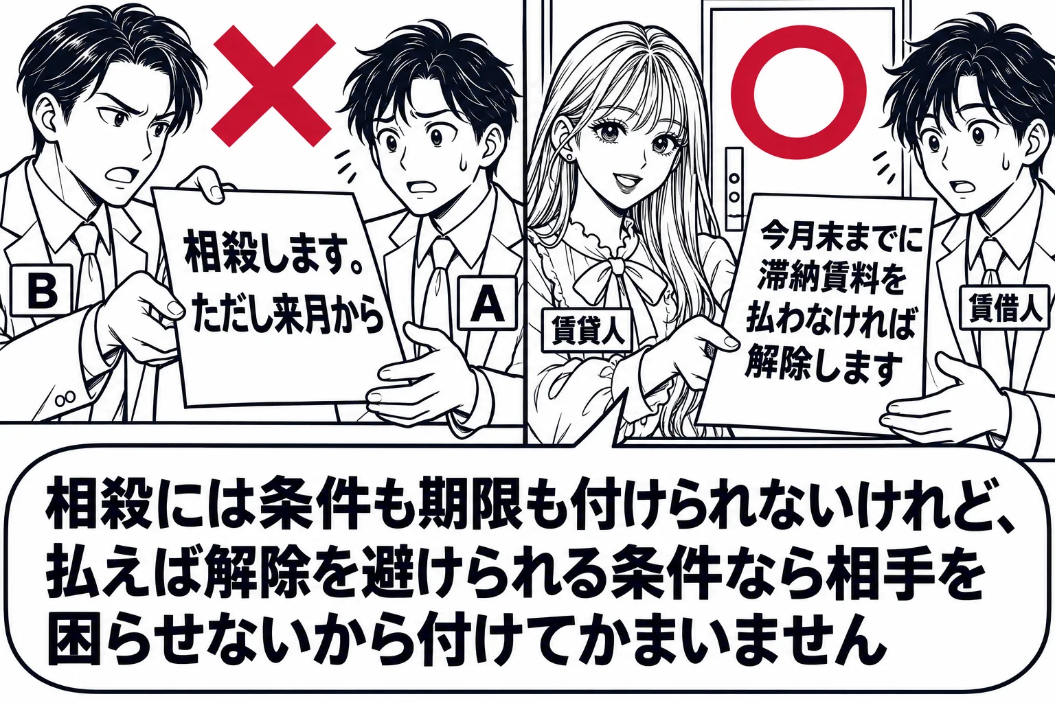 二つの場面を左右に並べた図。左は事務所の机で、男性（札「B」）が書面「相殺します。ただし来月から」を差し出し、相手の男性（札「A」）が困った顔をしている。書面の上に大きな×印。右は賃貸アパートの玄関で、先生が賃貸人役（札「賃貸人」）で書面「