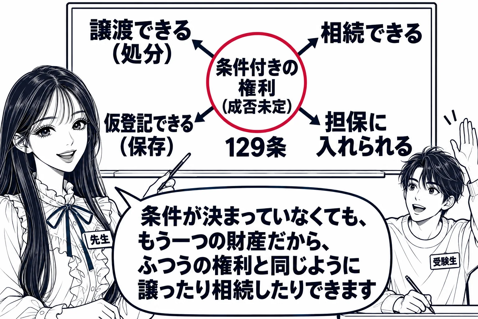 教室の場面。先生が教師役（札「先生」）で黒板の前に立つ。黒板の中央に円「条件付きの権利（成否未定）」があり、そこから四方へ矢印が伸びて、それぞれ「譲渡できる（処分）」「相続できる」「仮登記できる（保存）」「担保に入れられる」と書かれている。