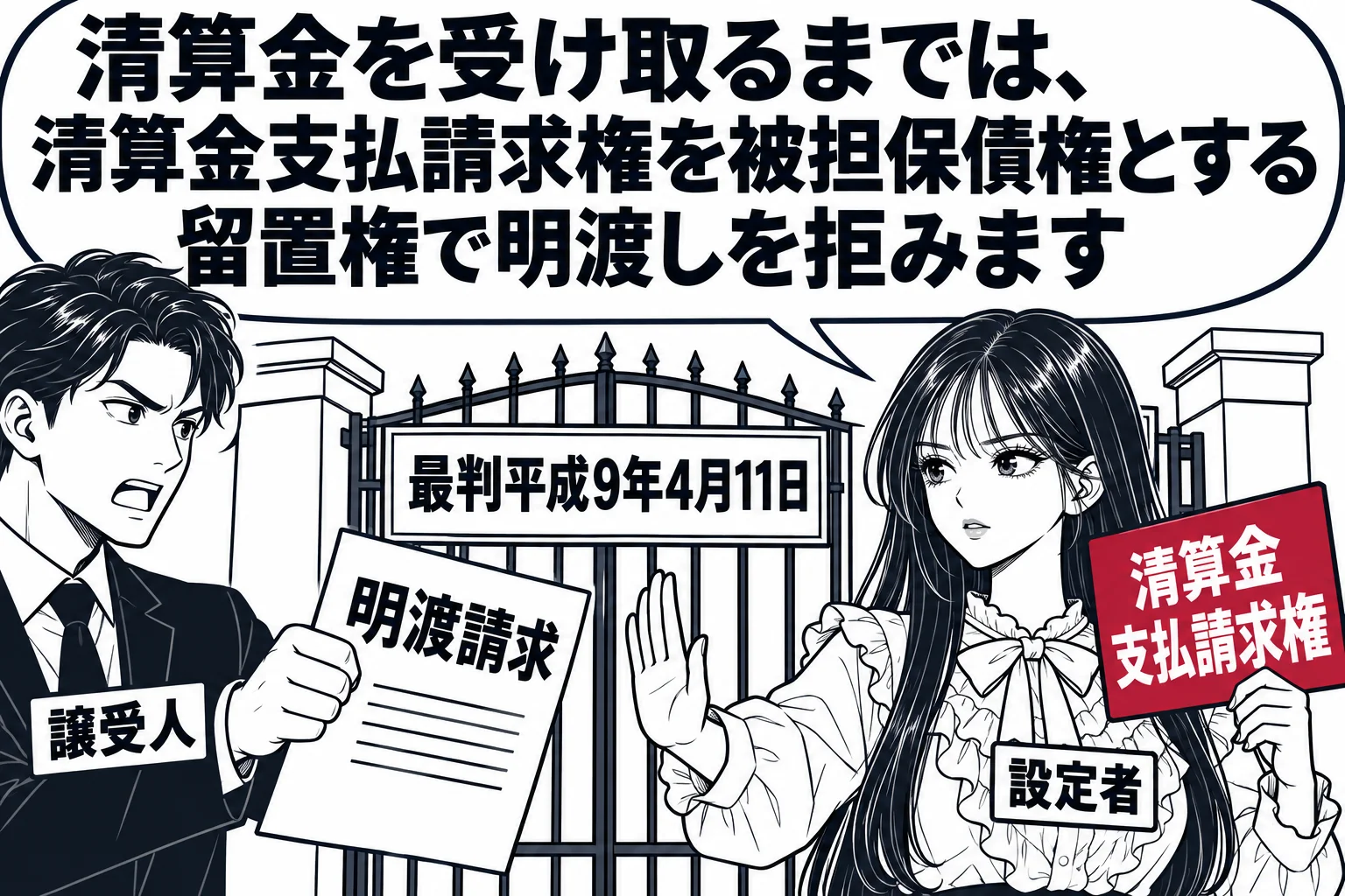 土地の明渡しの場面。土地の前で男性（札「譲受人」）が書類「明渡請求」を突き出し、先生が設定者役（札「設定者」）で門の前に立ち、手に札「清算金支払請求権」を持っている。先生の吹き出し「清算金を受け取るまでは、清算金支払請求権を被担保債権とする