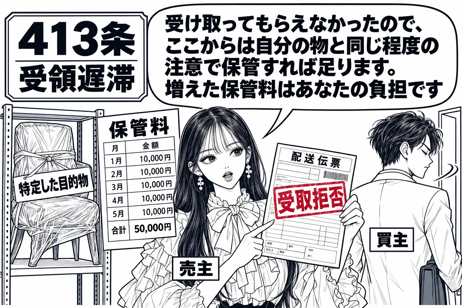 家具店の倉庫の場面。倉庫の棚に梱包された椅子（札「特定した目的物」）が置かれ、横に請求書（「保管料」）。先生が売主役（札「売主」）で、配達伝票（「受取拒否」の判が押されている）を手にしている。倉庫の入口で男性（札「買主」）が背を向けて去りか