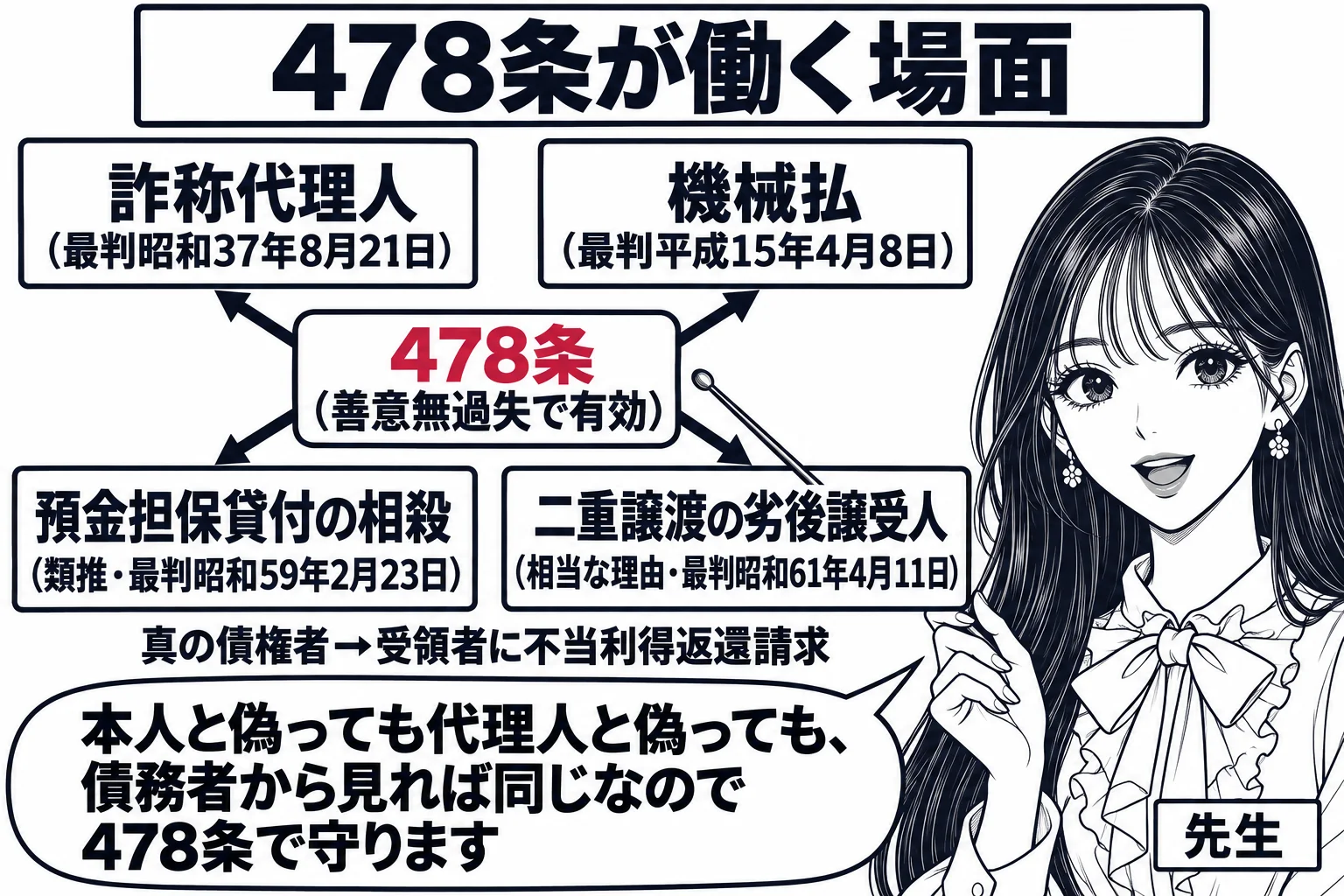 板書の図解。黒板の中央に「478条（善意無過失で有効）」と書かれ、そこから四本の矢印が「詐称代理人（最判昭和37年8月21日）」「機械払（最判平成15年4月8日）」「預金担保貸付の相殺（類推・最判昭和59年2月23日）」「二重譲渡の劣後譲受