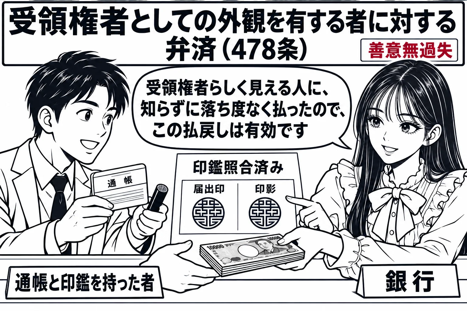 銀行の窓口の場面。カウンターの前に男性（札「通帳と印鑑を持った者」）が通帳と印鑑を差し出し、先生が窓口の行員役（札「銀行」）で、届出印と印影を見比べて現金を渡している。後ろの壁に貼り紙「印鑑照合済み」。先生の吹き出し「受領権者らしく見える人