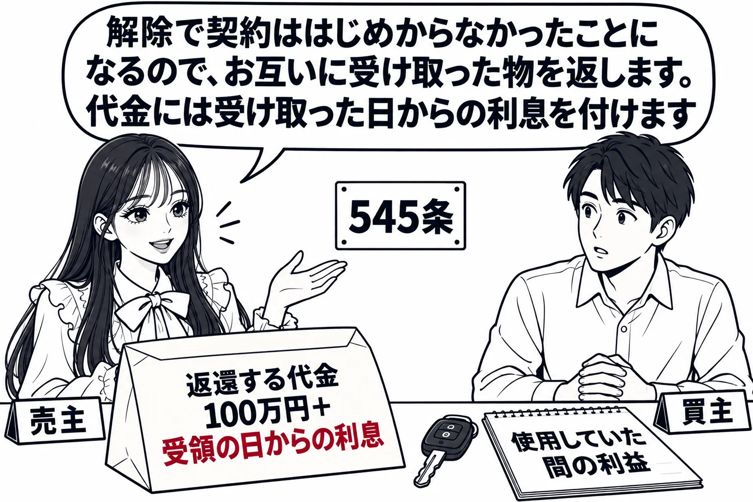 中古車販売店の事務所の場面。机をはさんで、左に先生が売主役（札「売主」）、右に買主の男性（札「買主」）が座る。先生の前に「返還する代金 100万円＋受領の日からの利息」と書いた封筒、買主の前に自動車の鍵と「使用していた間の利益」と書いたメモ