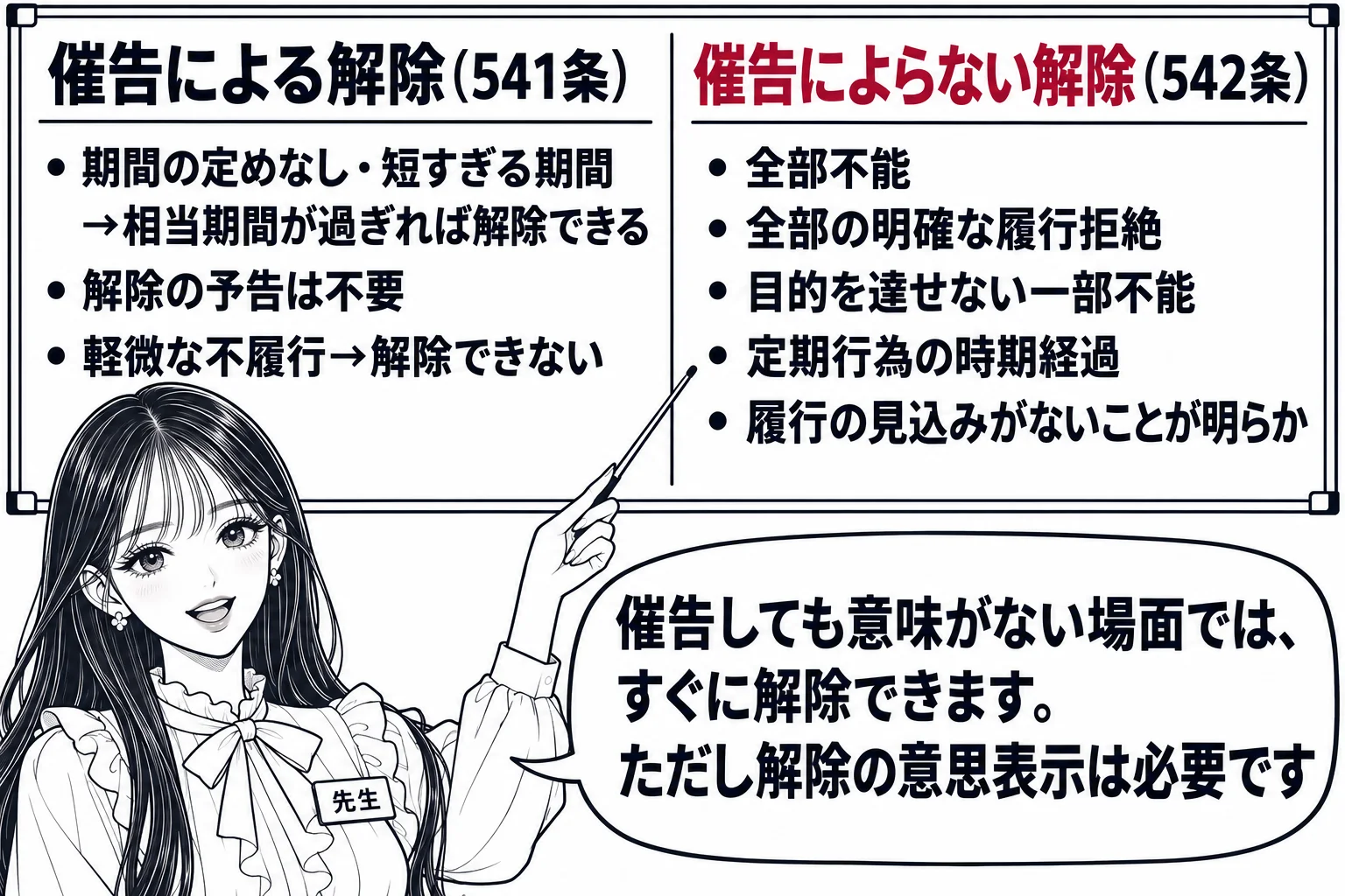 教室の黒板の前の場面。黒板の左に「催告による解除（541条）」と書き、その下に「期間の定めなし・短すぎる期間→相当期間が過ぎれば解除できる」「解除の予告は不要」「軽微な不履行→解除できない」。右に「催告によらない解除（542条）」と書き、そ
