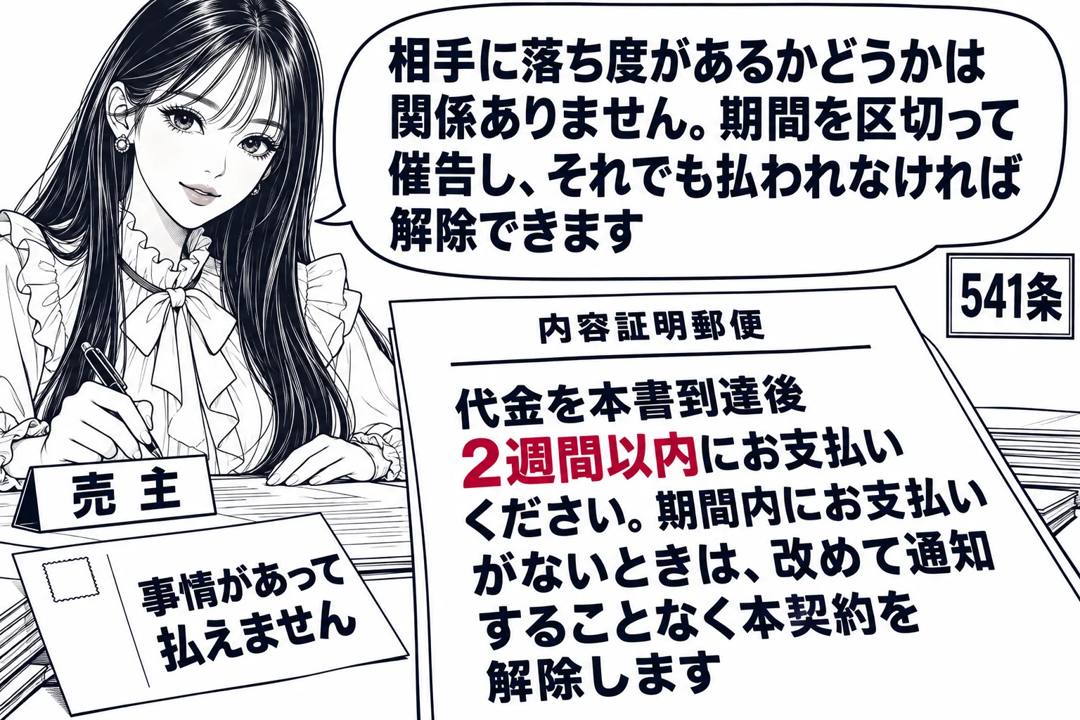 商店の事務所の場面。先生が売主役（札「売主」）で机に向かい、内容証明郵便の書面を書き上げている。書面の文言「代金を本書到達後2週間以内にお支払いください。期間内にお支払いがないときは、改めて通知することなく本契約を解除します」。机の脇に買主