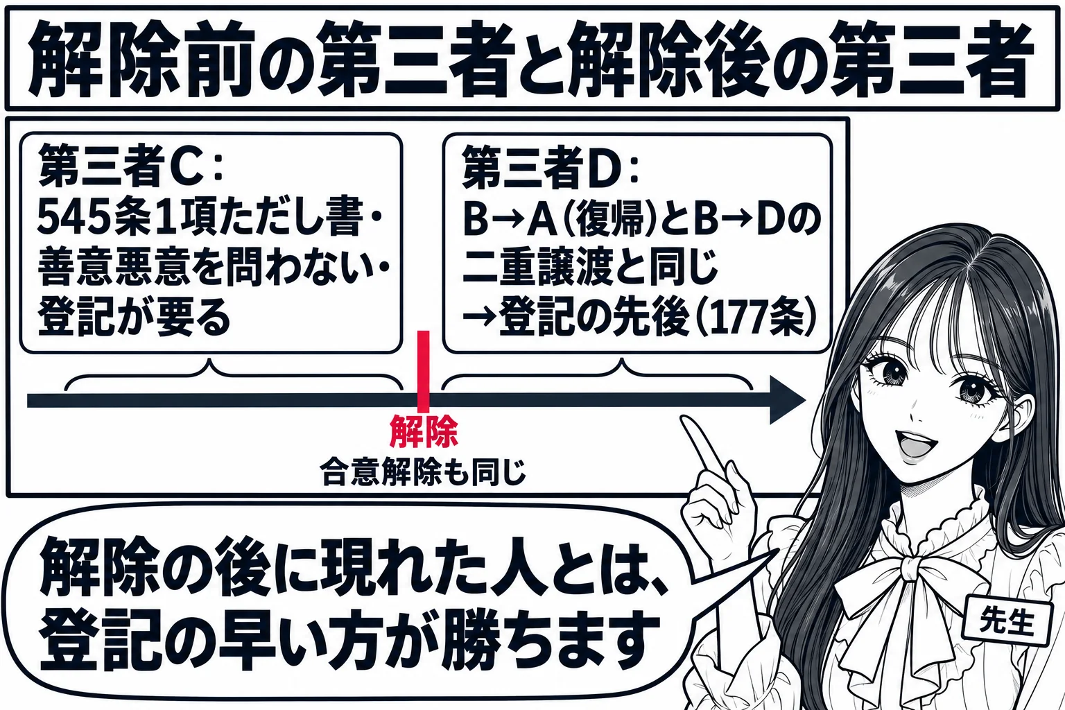板書の図解。黒板に時間の矢印があり、中央に「解除」の目盛り。左側（解除前）に「第三者C：545条1項ただし書・善意悪意を問わない・登記が要る」、右側（解除後）に「第三者D：B→A（復帰）とB→Dの二重譲渡と同じ→登記の先後（177条）」。下