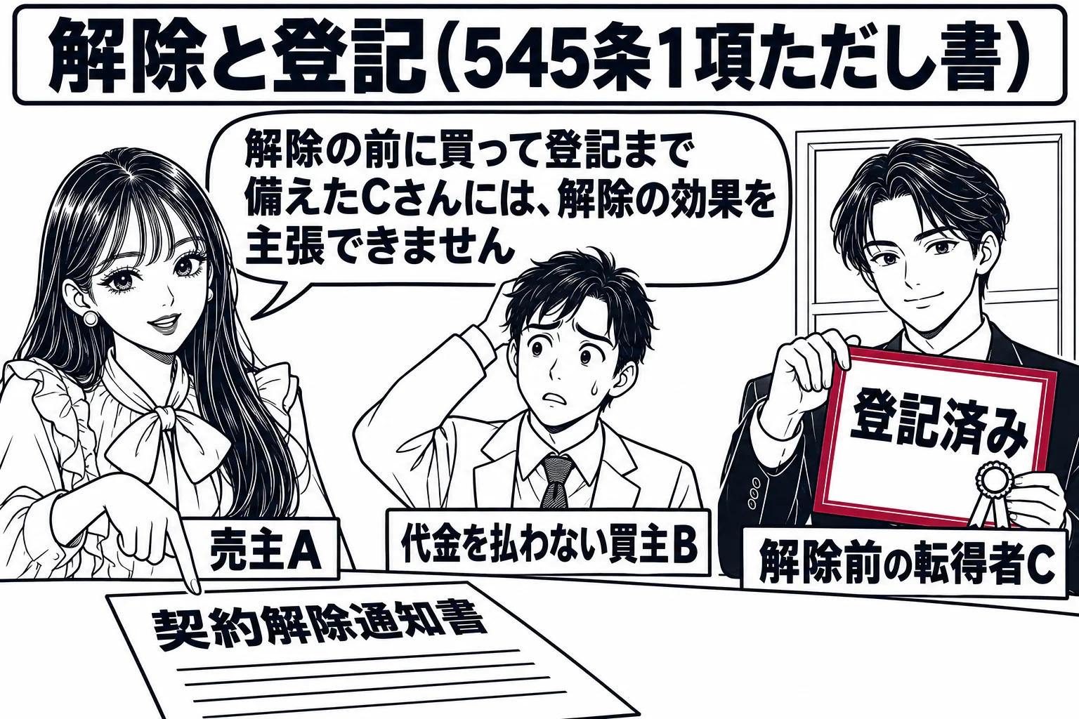不動産の売買契約の席の場面。机の上に「契約解除通知書」が置かれ、先生が売主役（札「売主A」）で通知書を指している。机の向こうに男性（札「代金を払わない買主B」）が頭をかいている。窓の外では別の男性（札「解除前の転得者C」）が登記済みの書類を