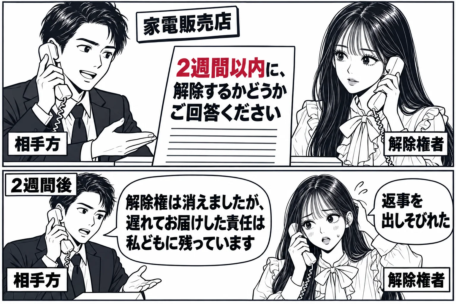 家電販売店の事務室の場面。販売店の担当者の男性（札「相手方」）が電話をかけ、受話器の向こうにいる先生（札「解除権者」）に話している。担当者の机の上に書面「2週間以内に、解除するかどうかご回答ください」。2週間後を示す小さなコマで、先生が「返