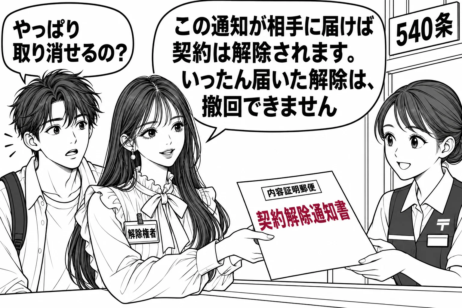 郵便局の窓口の場面。先生が売主役（札「解除権者」）で、窓口に内容証明郵便「契約解除通知書」を差し出している。窓口の外で、後ろに並んだ知人の男性が「やっぱり取り消せるの？」と尋ねている。先生の吹き出し「この通知が相手に届けば契約は解除されます