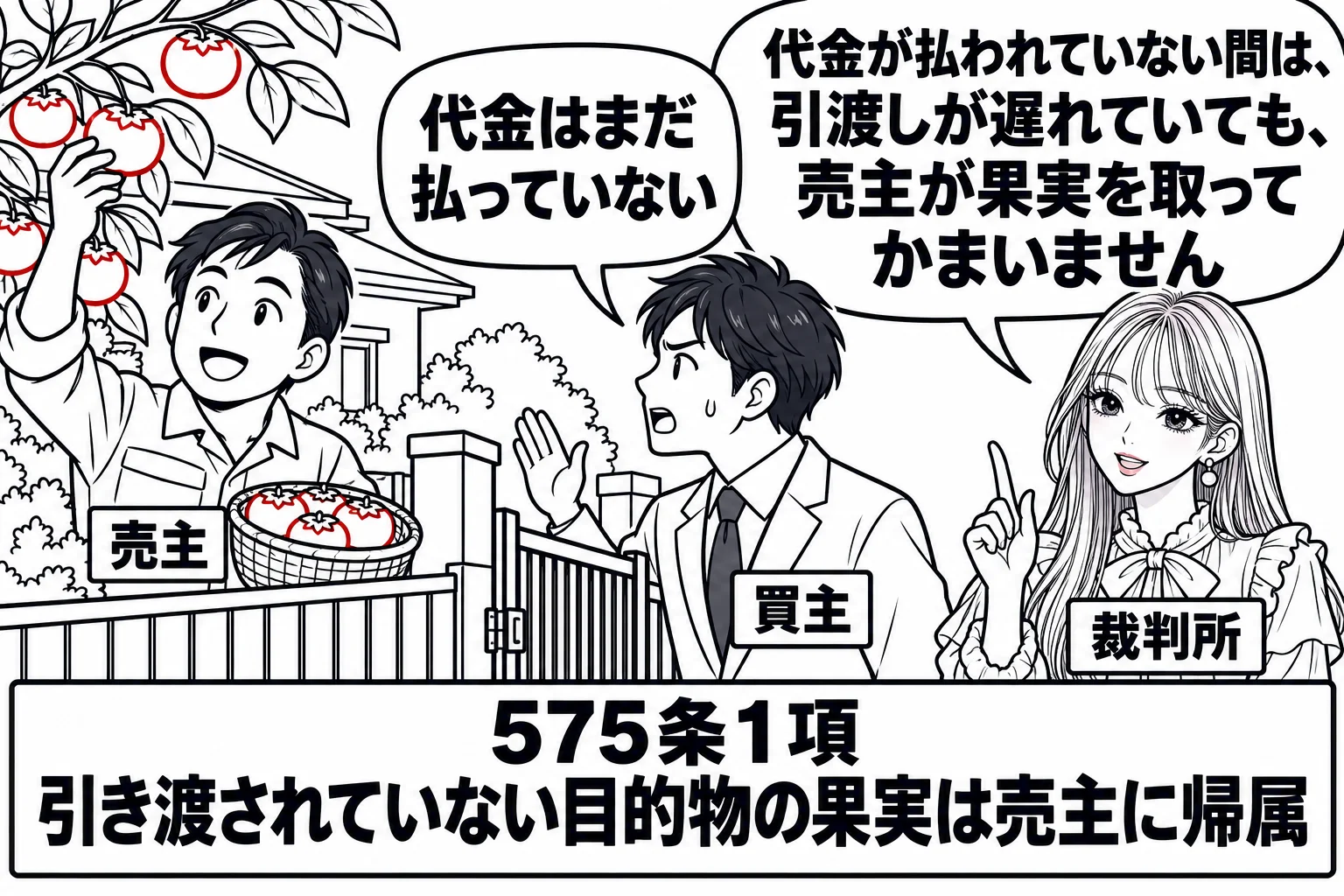不動産の売買の場面。売主の男性（札「売主」）がまだ住んでいる家の庭で、柿の実を収穫している。門の外で買主の男性（札「買主」）が「代金はまだ払っていない」と言っている。横に先生が裁判官役（札「裁判所」）で立ち、吹き出し「代金が払われていない間