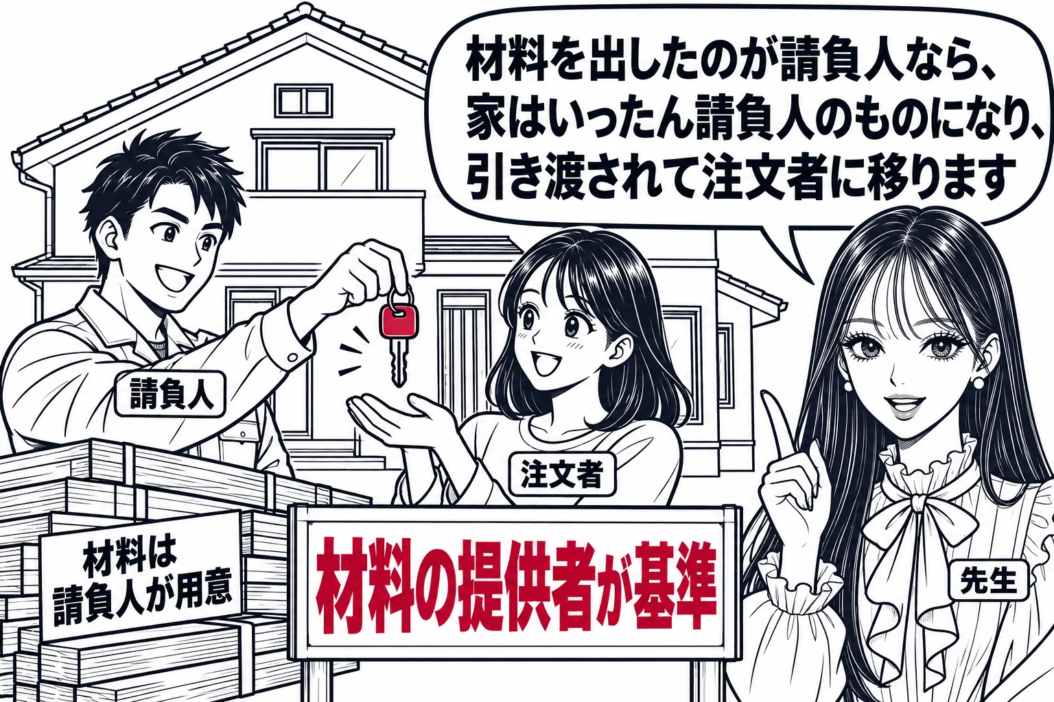 完成したばかりの戸建て住宅の前の場面。作業着の男性（札「請負人」）が鍵を手にし、横に木材の束（札「材料は請負人が用意」）が積まれている。女性（札「注文者」）が鍵を受け取ろうとしている。先生が解説役（札「先生」）で家の前に立ち、吹き出し「材料