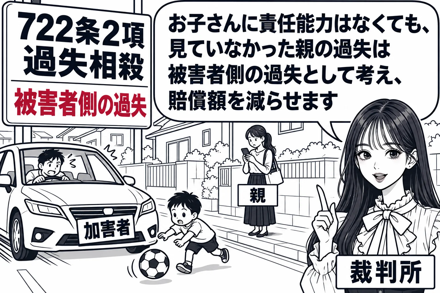 住宅街の道路の場面。ボールを追って道路に飛び出した幼児の手前で車（札「加害者」）が急停止している。少し離れた歩道で母親（札「親」）がスマートフォンを見ていて気づいていない。先生が裁判官役（札「裁判所」）で道路わきに立っている。先生の吹き出し